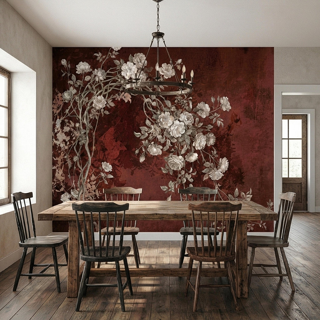 Vintage Burgundy Botanical Flower Branches Peel and Stick Wall Mural, White Rose Blossom Tree on Distressed Patina Romantic Floral Wallpaper