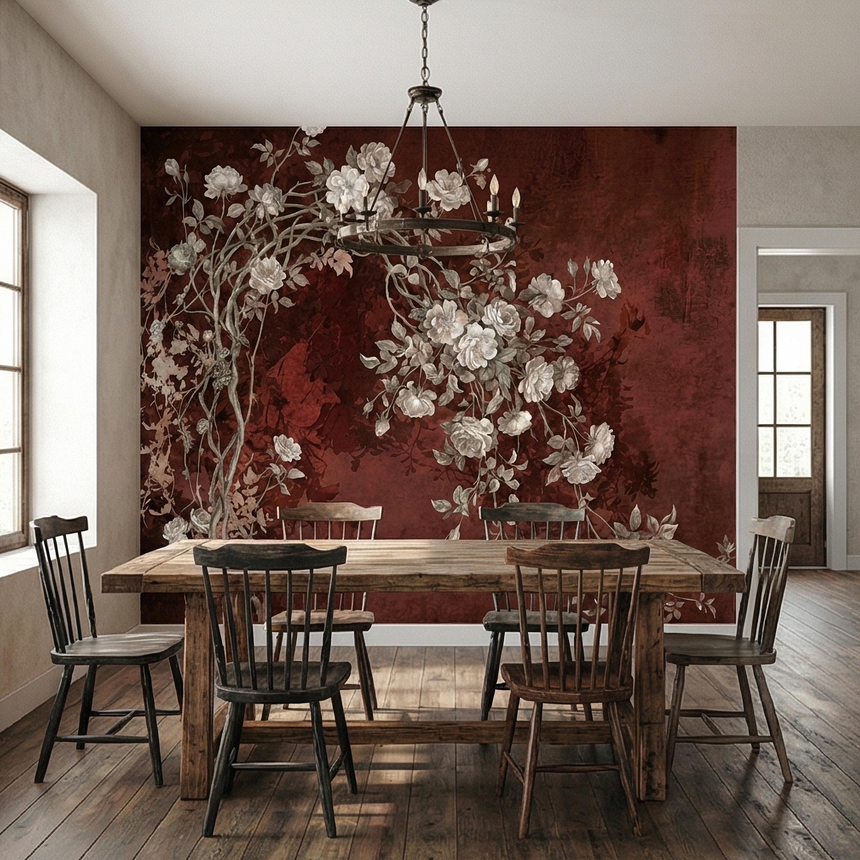 Vintage Burgundy Botanical Flower Branches Peel and Stick Wall Mural, White Rose Blossom Tree on Distressed Patina Romantic Floral Wallpaper