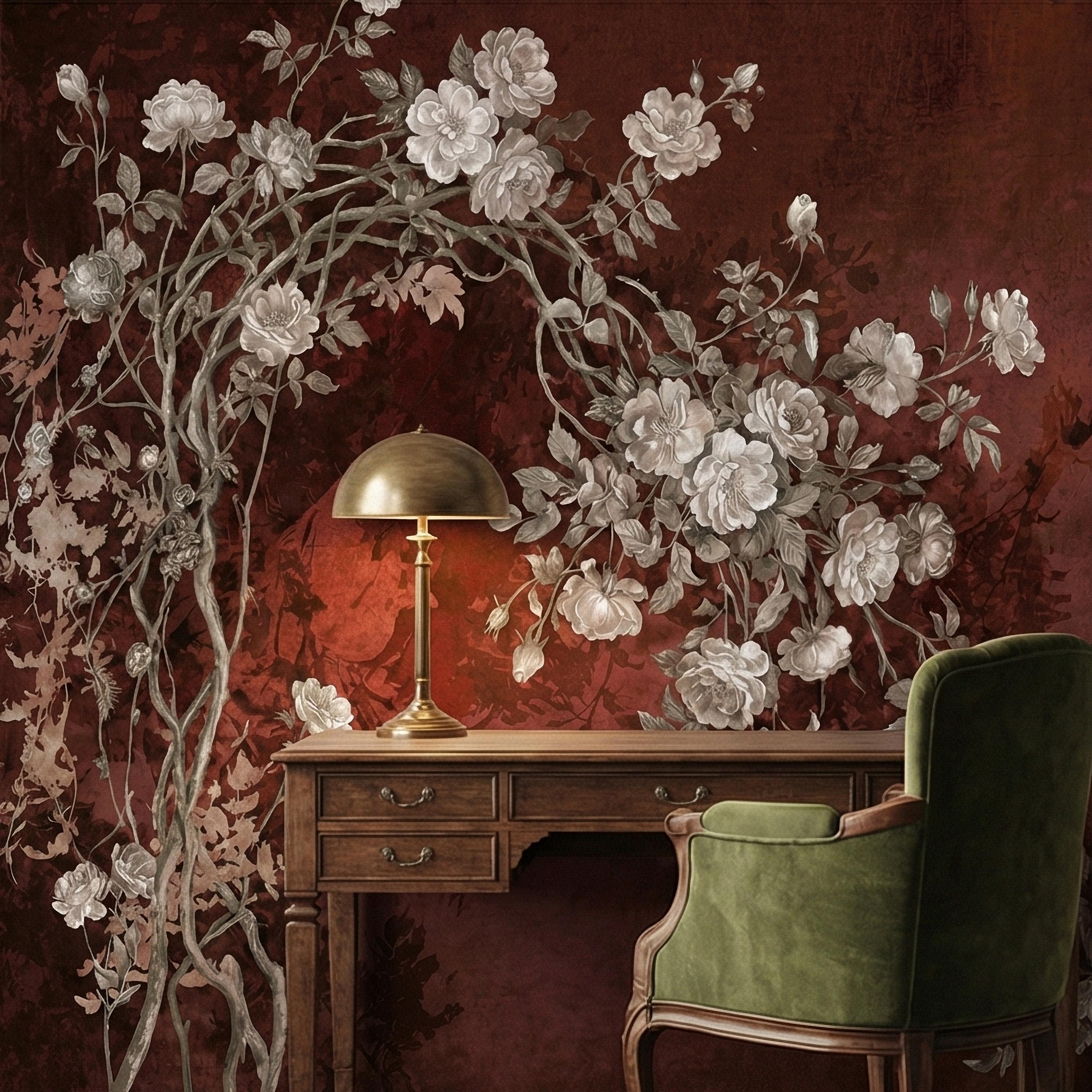 Vintage Burgundy Botanical Flower Branches Peel and Stick Wall Mural, White Rose Blossom Tree on Distressed Patina Romantic Floral Wallpaper