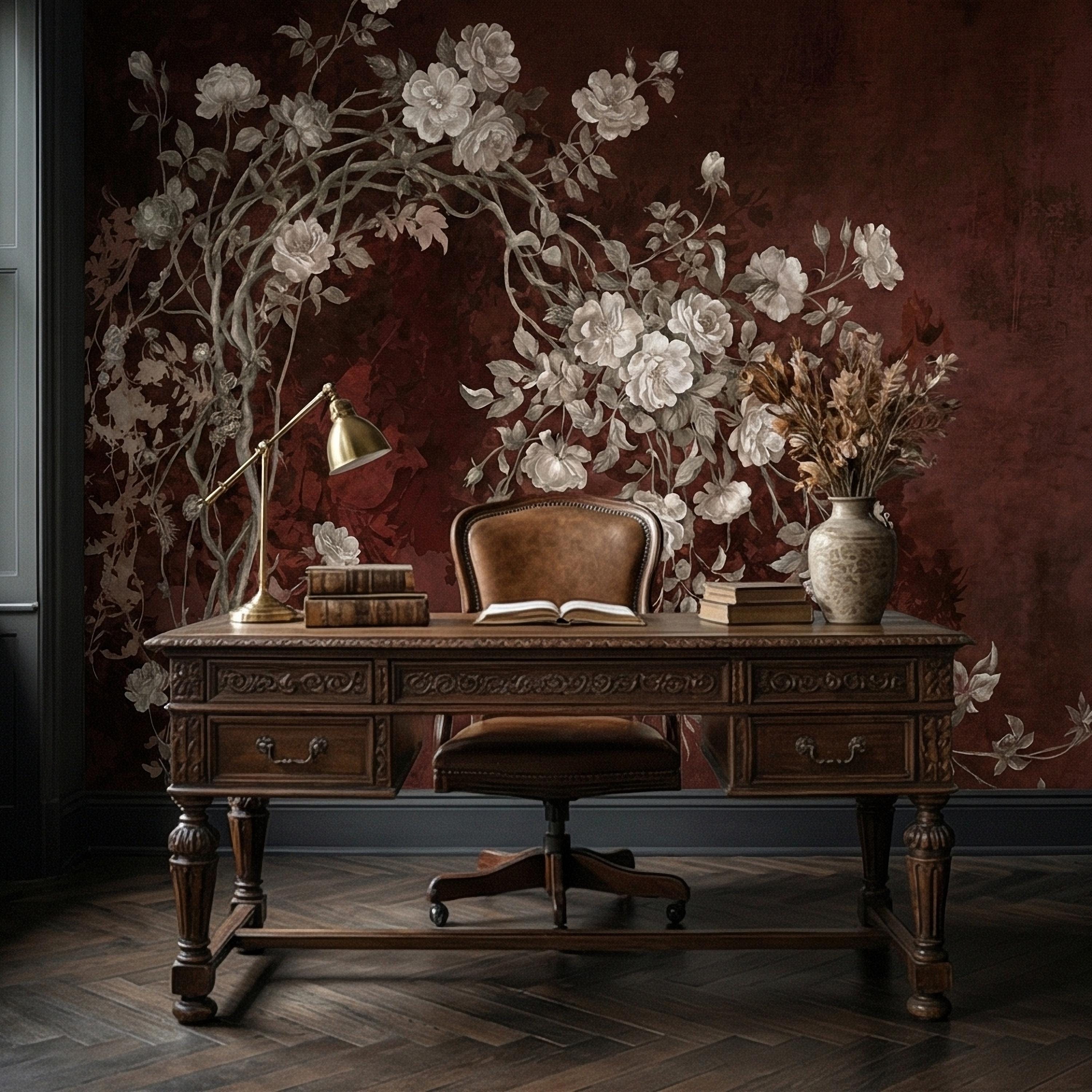 Vintage Burgundy Botanical Flower Branches Peel and Stick Wall Mural, White Rose Blossom Tree on Distressed Patina Romantic Floral Wallpaper
