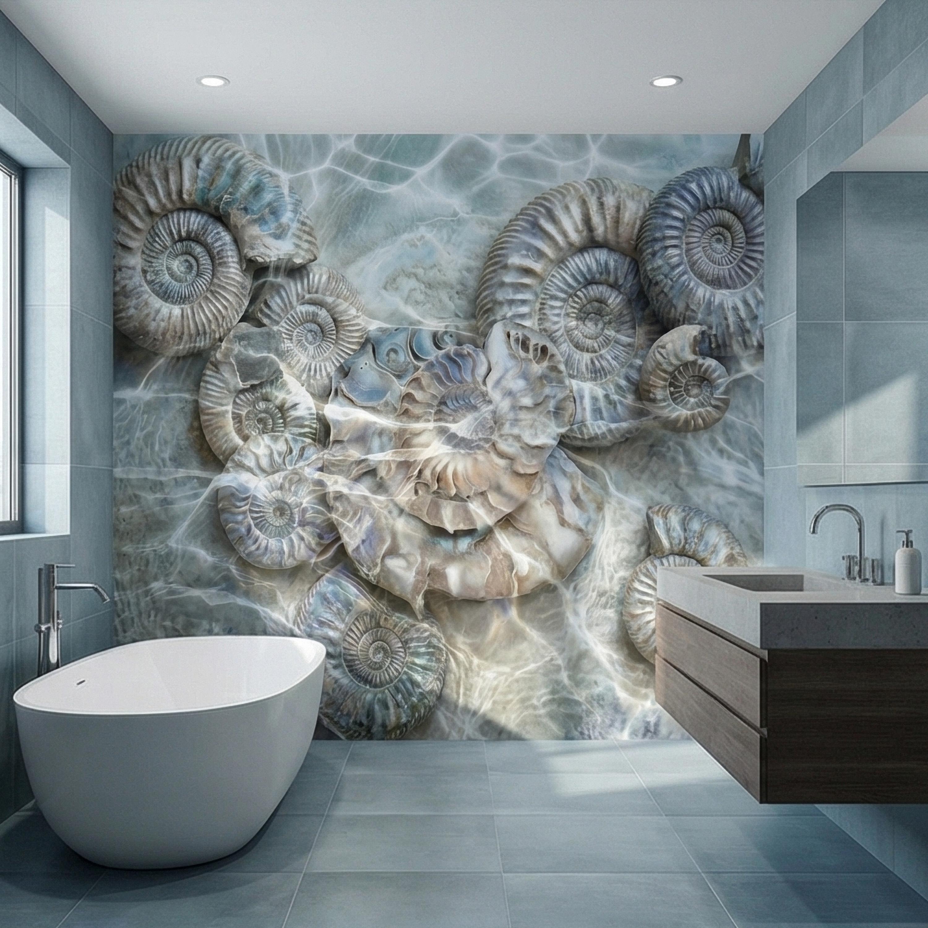 Underwater Ammonite Seashells in Seafoam Bubbles & Sandy Patina Peel and Stick Wall Mural, Ocean Vintage Marine Abstract Wallpaper