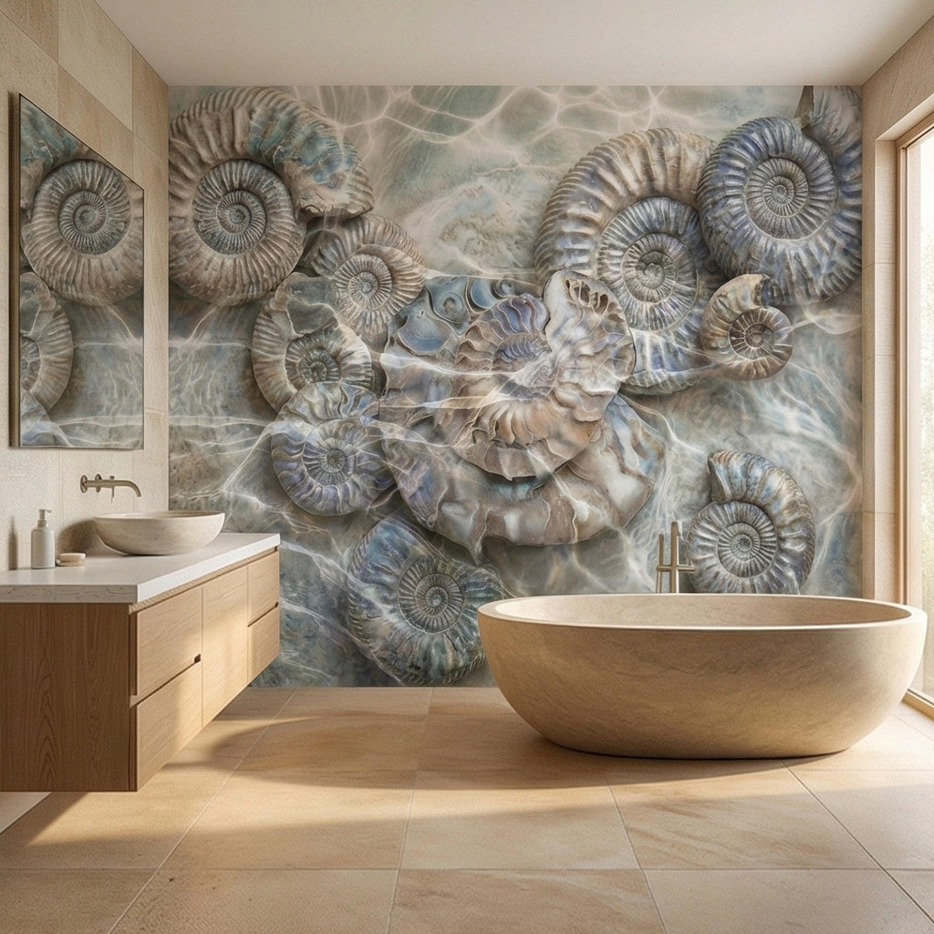 Underwater Ammonite Seashells in Seafoam Bubbles & Sandy Patina Peel and Stick Wall Mural, Ocean Vintage Marine Abstract Wallpaper