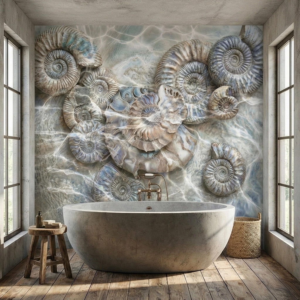 Underwater Ammonite Seashells in Seafoam Bubbles & Sandy Patina Peel and Stick Wall Mural, Ocean Vintage Marine Abstract Wallpaper