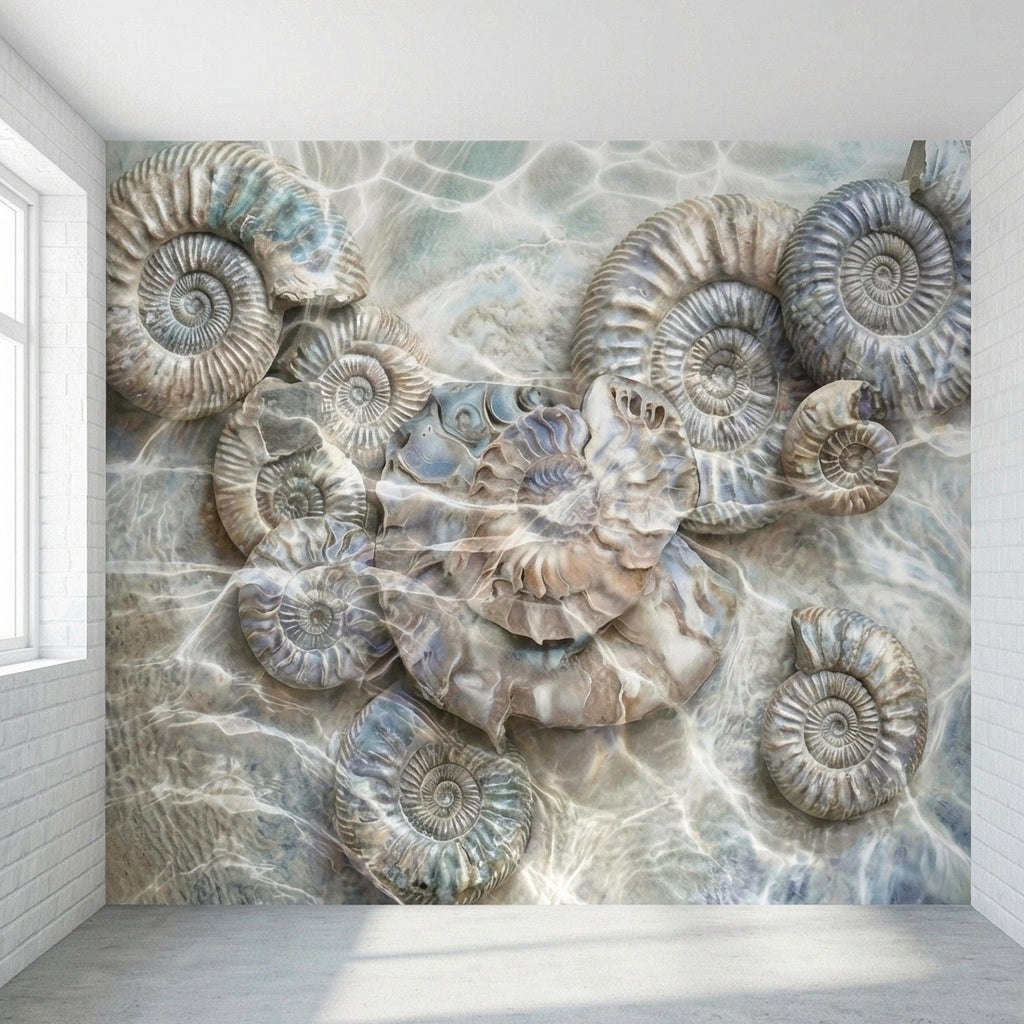 Underwater Ammonite Seashells in Seafoam Bubbles & Sandy Patina Peel and Stick Wall Mural, Ocean Vintage Marine Abstract Wallpaper