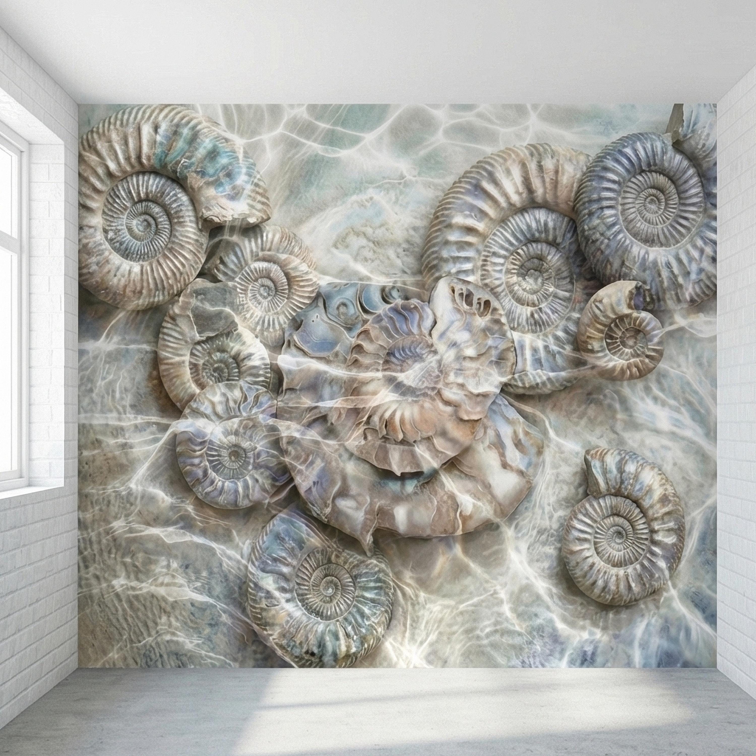 Underwater Ammonite Seashells in Seafoam Bubbles & Sandy Patina Peel and Stick Wall Mural, Ocean Vintage Marine Abstract Wallpaper