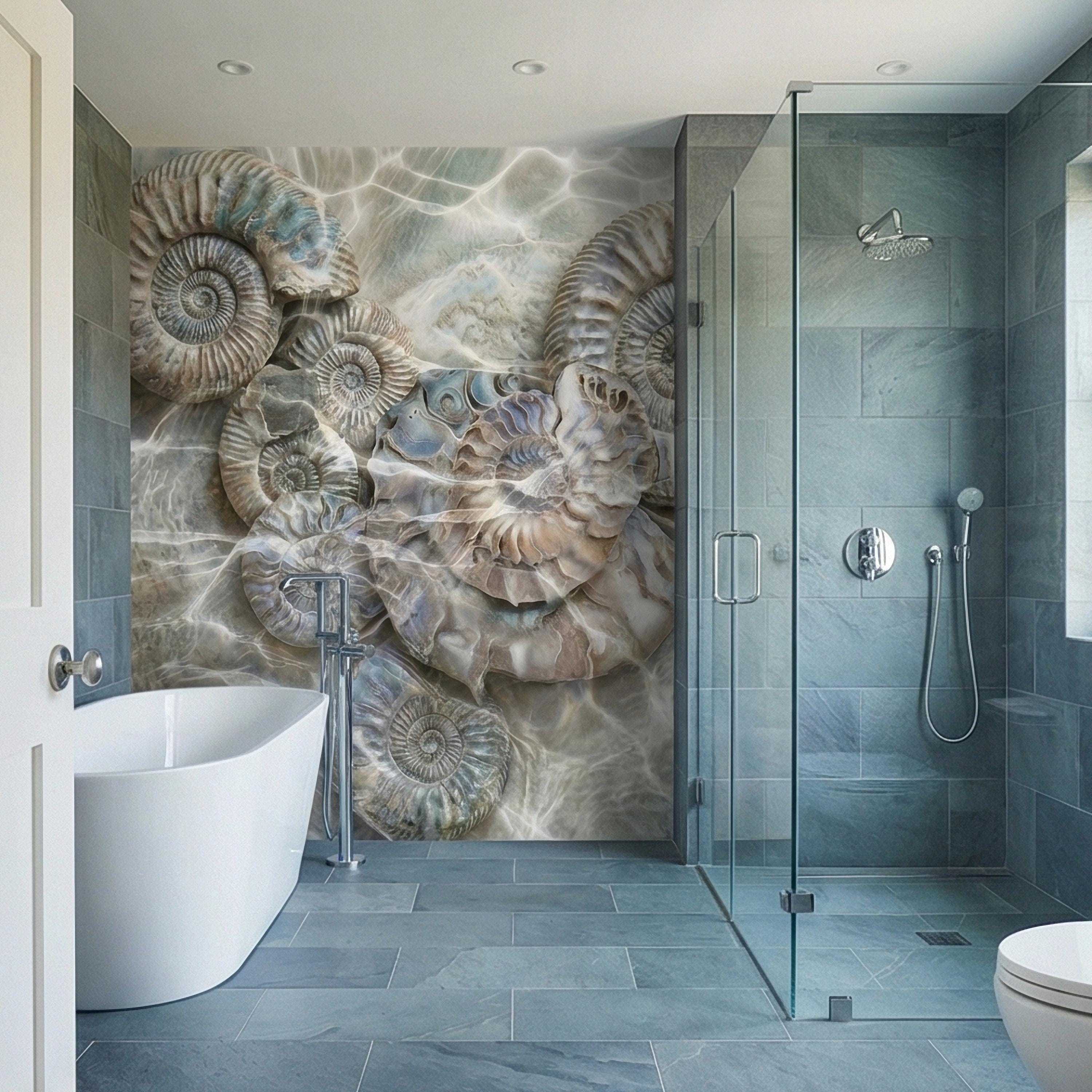 Underwater Ammonite Seashells in Seafoam Bubbles & Sandy Patina Peel and Stick Wall Mural, Ocean Vintage Marine Abstract Wallpaper