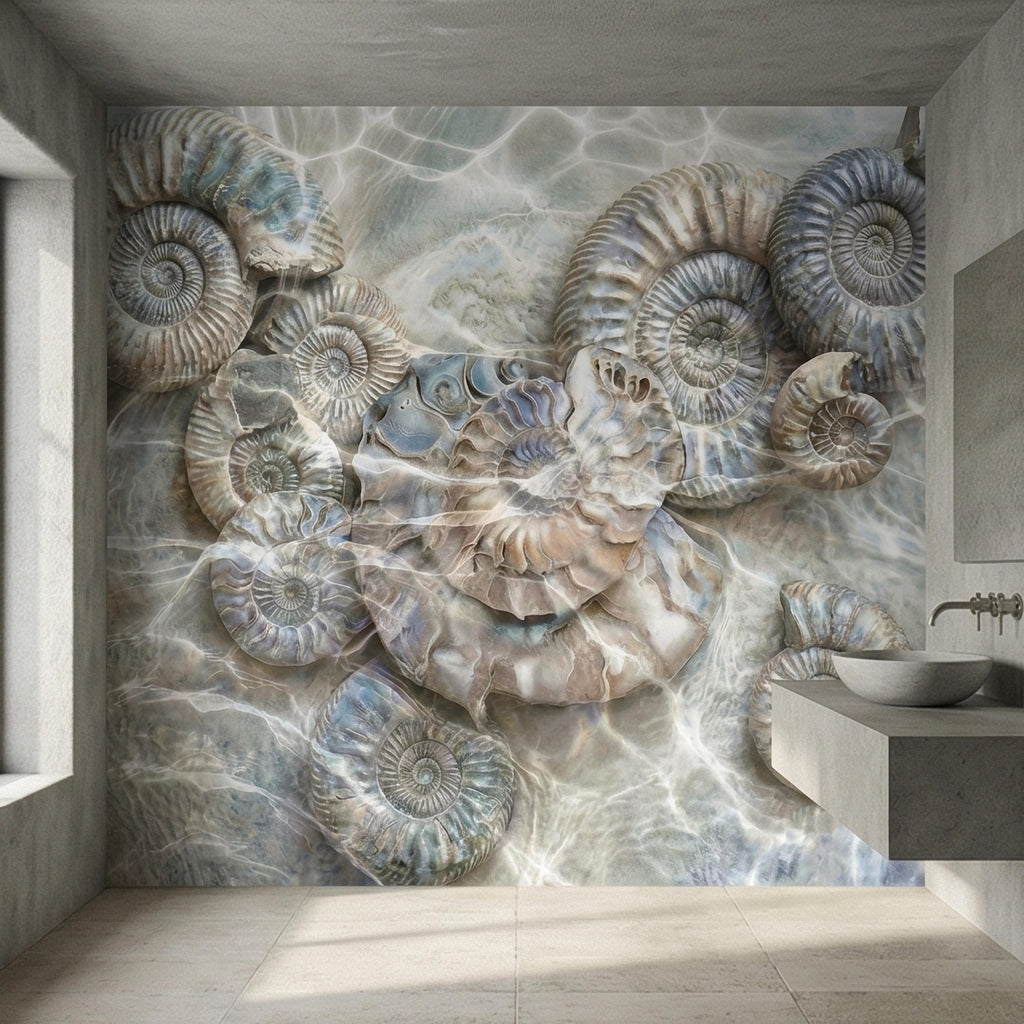 Underwater Ammonite Seashells in Seafoam Bubbles & Sandy Patina Peel and Stick Wall Mural, Ocean Vintage Marine Abstract Wallpaper