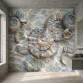 Underwater Ammonite Seashells in Seafoam Bubbles & Sandy Patina Peel and Stick Wall Mural, Ocean Vintage Marine Abstract Wallpaper