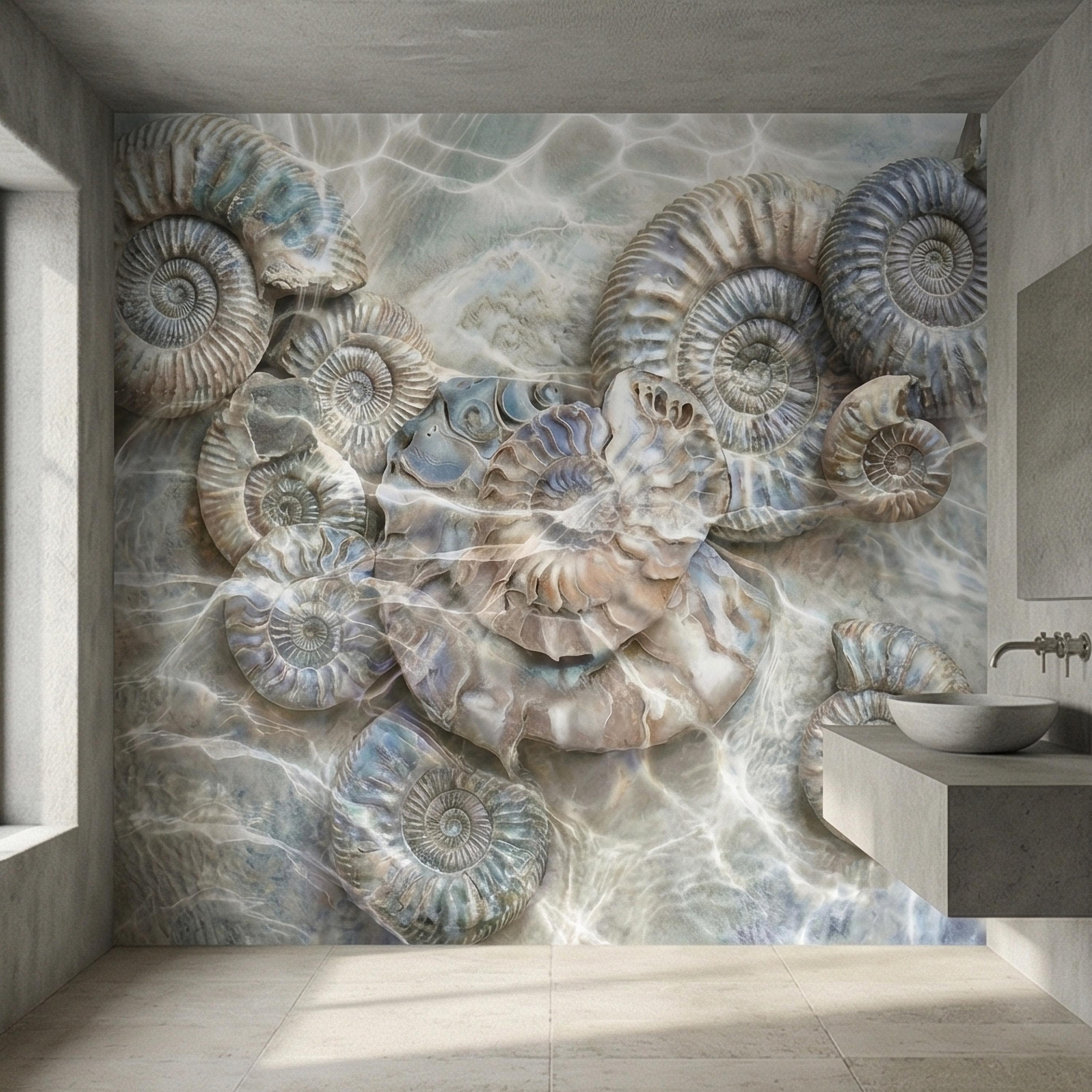 Underwater Ammonite Seashells in Seafoam Bubbles & Sandy Patina Peel and Stick Wall Mural, Ocean Vintage Marine Abstract Wallpaper