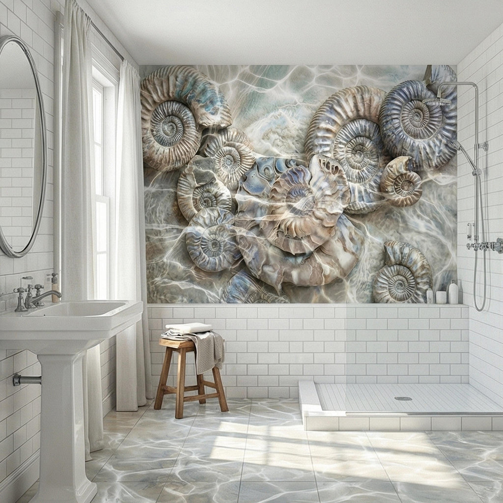 Underwater Ammonite Seashells in Seafoam Bubbles & Sandy Patina Peel and Stick Wall Mural, Ocean Vintage Marine Abstract Wallpaper
