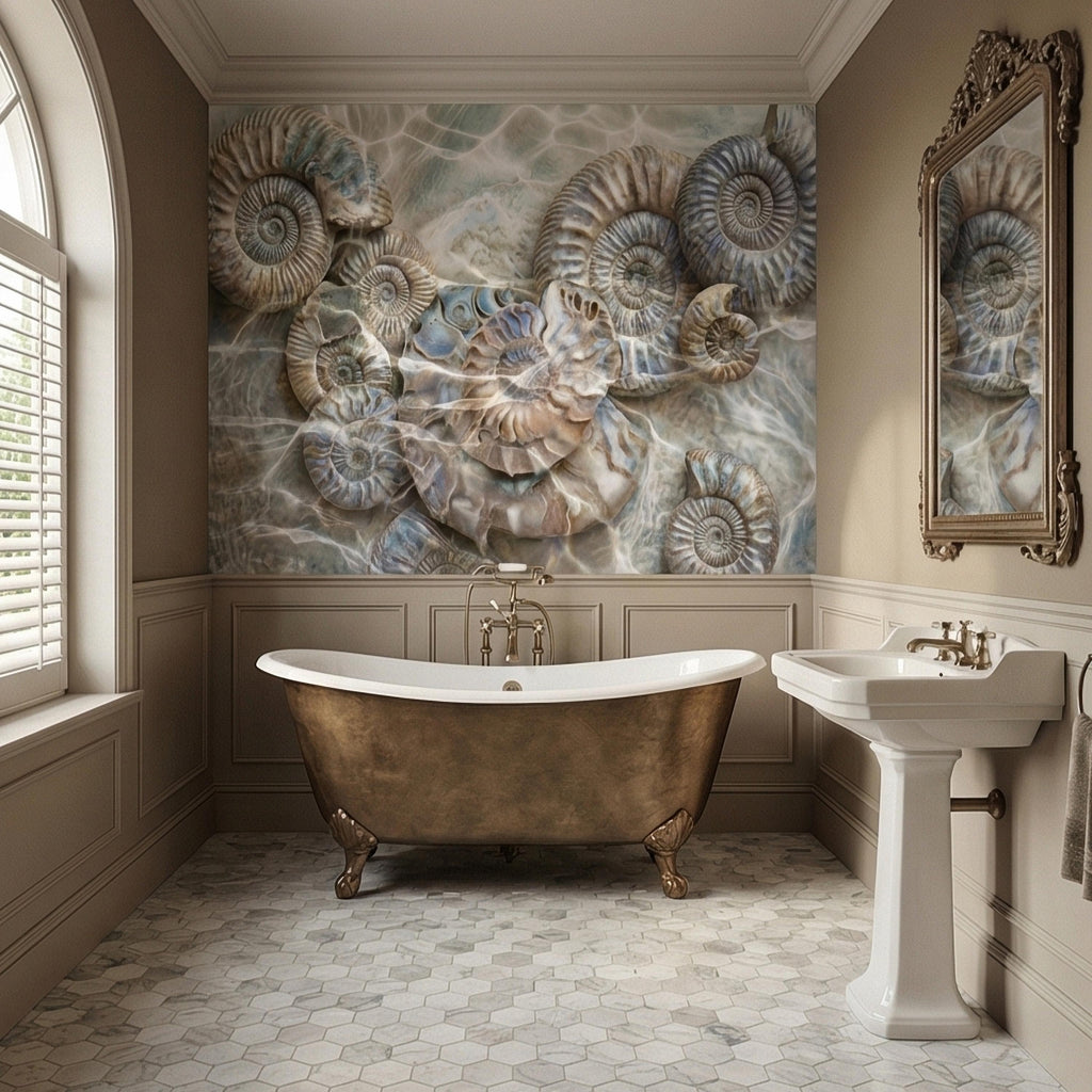 Underwater Ammonite Seashells in Seafoam Bubbles & Sandy Patina Peel and Stick Wall Mural, Ocean Vintage Marine Abstract Wallpaper