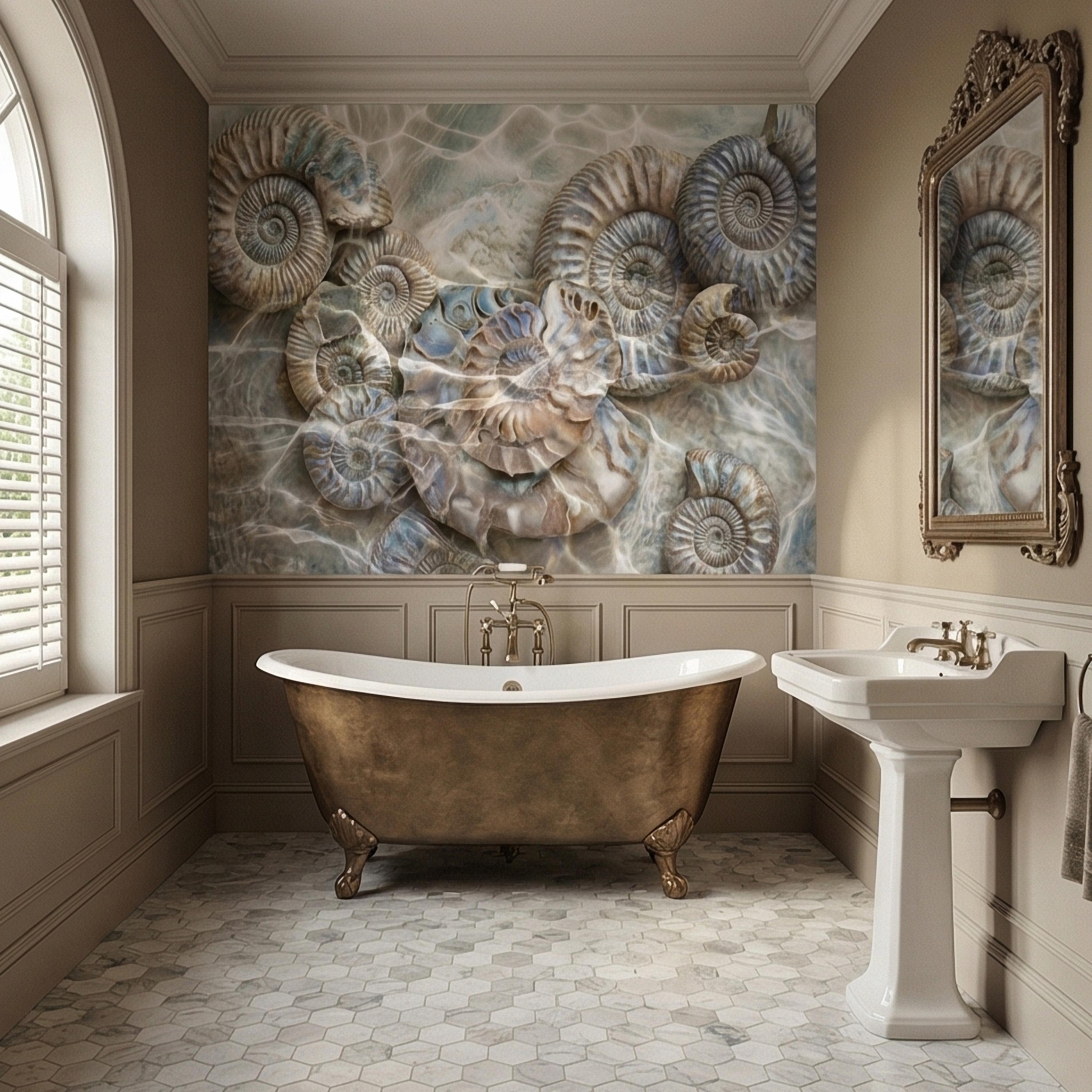Underwater Ammonite Seashells in Seafoam Bubbles & Sandy Patina Peel and Stick Wall Mural, Ocean Vintage Marine Abstract Wallpaper