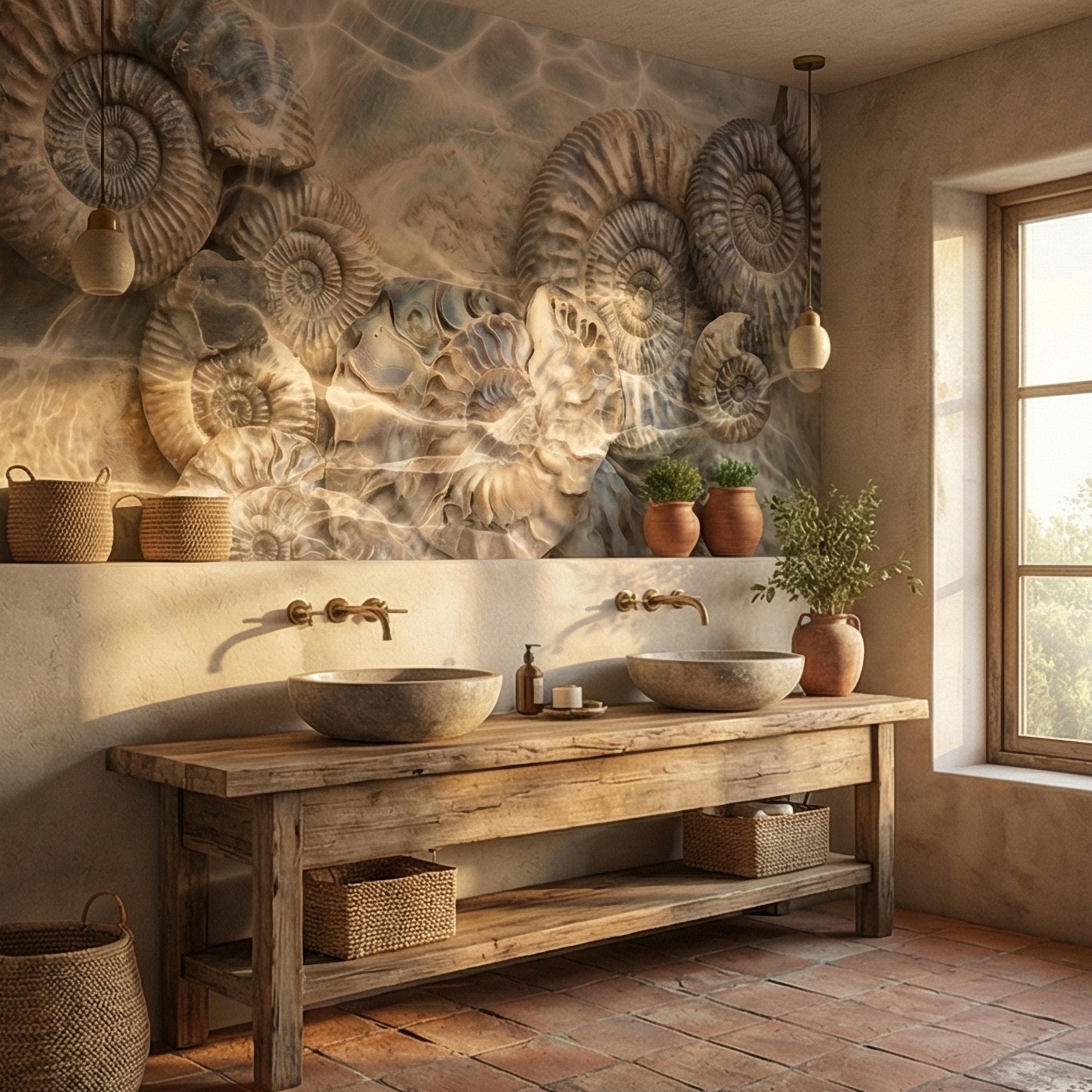 Underwater Ammonite Seashells in Seafoam Bubbles & Sandy Patina Peel and Stick Wall Mural, Ocean Vintage Marine Abstract Wallpaper