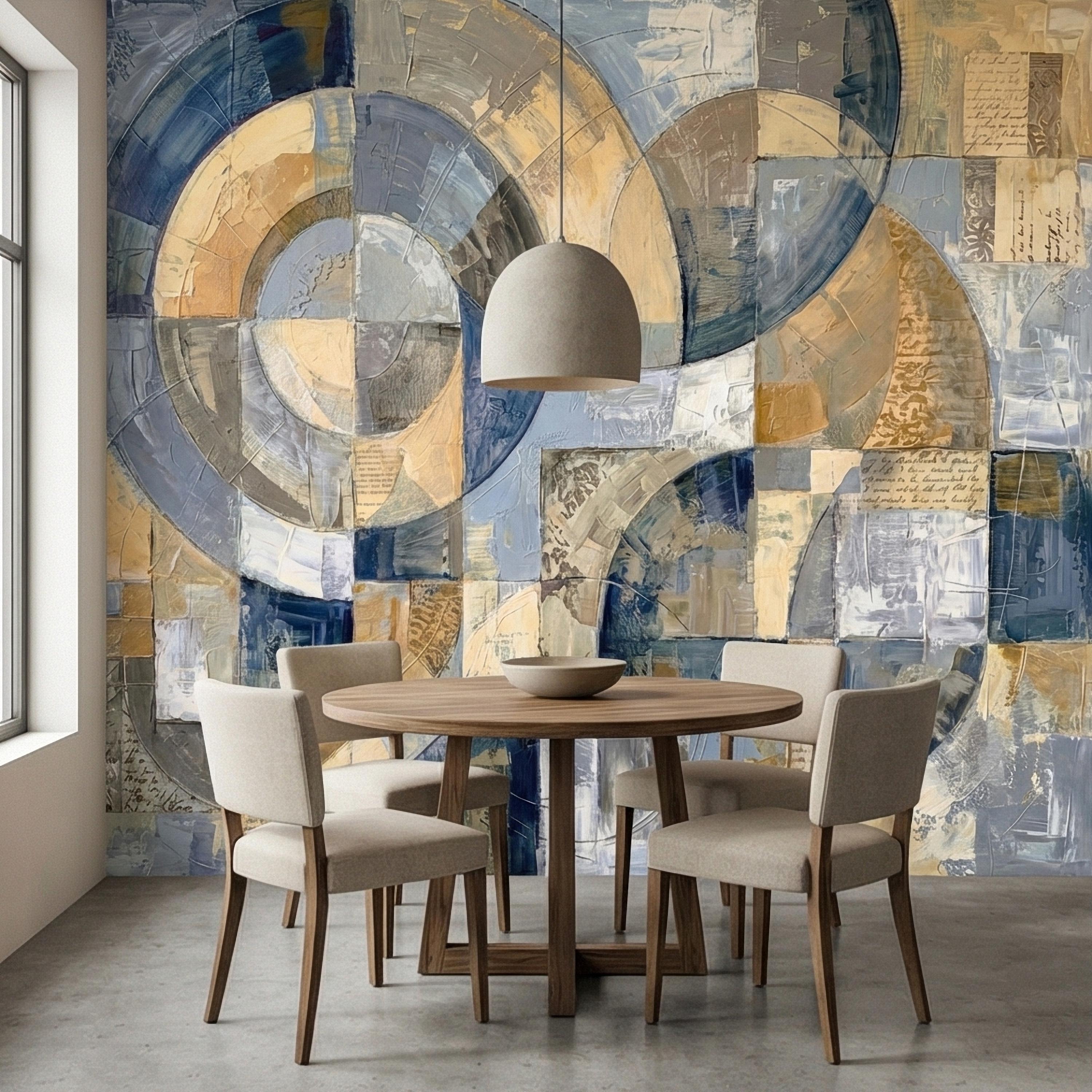 Vintage Abstract Circle Arch Collage Blue Beige Distressed Patina Peel and Stick Wall Mural. Geometric Ring Circles Retro Modern Wallpaper