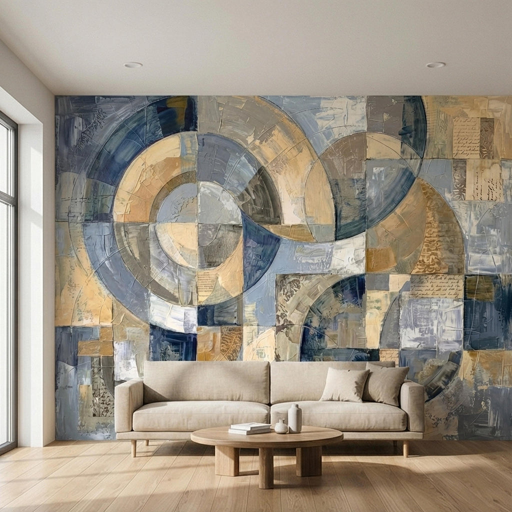 Vintage Abstract Circle Arch Collage Blue Beige Distressed Patina Peel and Stick Wall Mural. Geometric Ring Circles Retro Modern Wallpaper