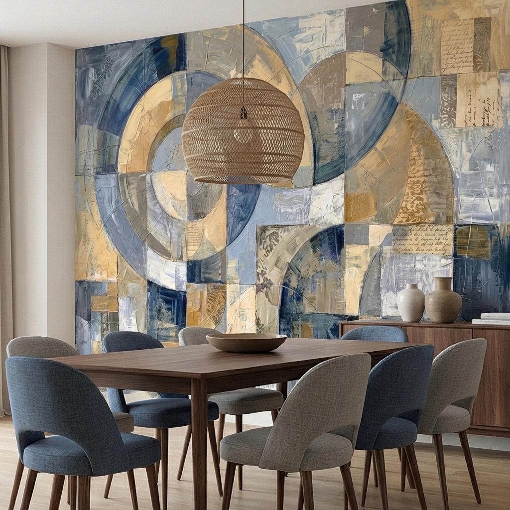 Vintage Abstract Circle Arch Collage Blue Beige Distressed Patina Peel and Stick Wall Mural. Geometric Ring Circles Retro Modern Wallpaper