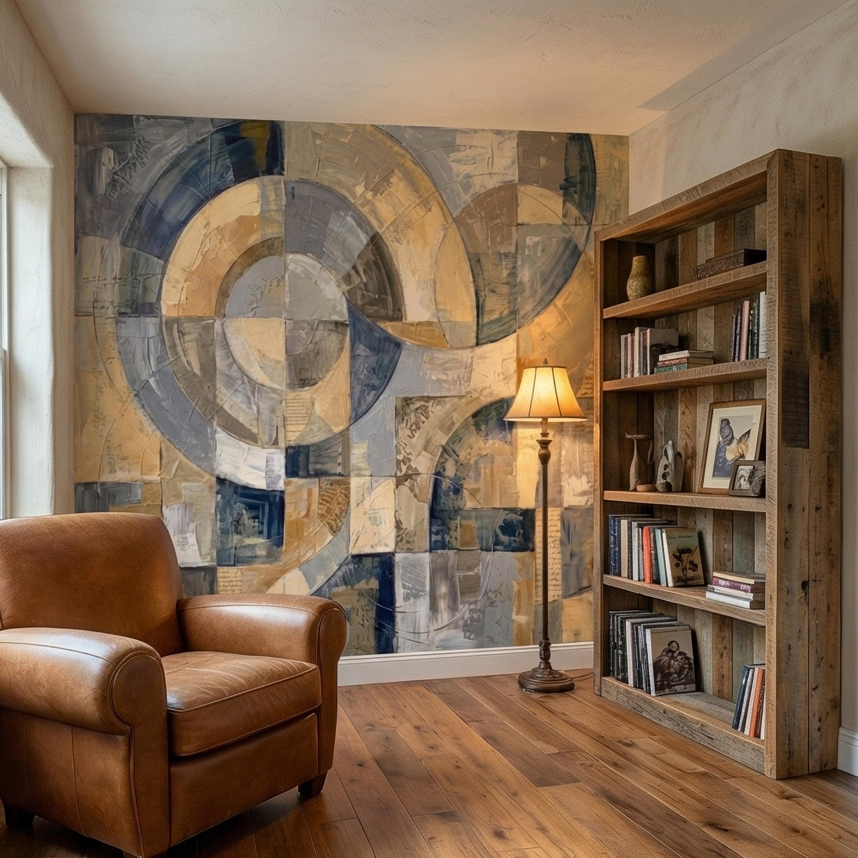 Vintage Abstract Circle Arch Collage Blue Beige Distressed Patina Peel and Stick Wall Mural. Geometric Ring Circles Retro Modern Wallpaper