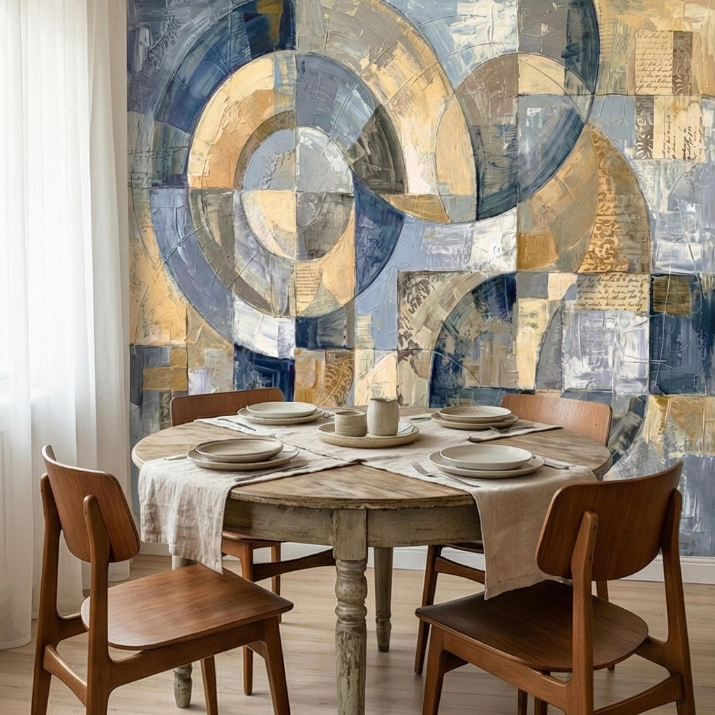 Vintage Abstract Circle Arch Collage Blue Beige Distressed Patina Peel and Stick Wall Mural. Geometric Ring Circles Retro Modern Wallpaper