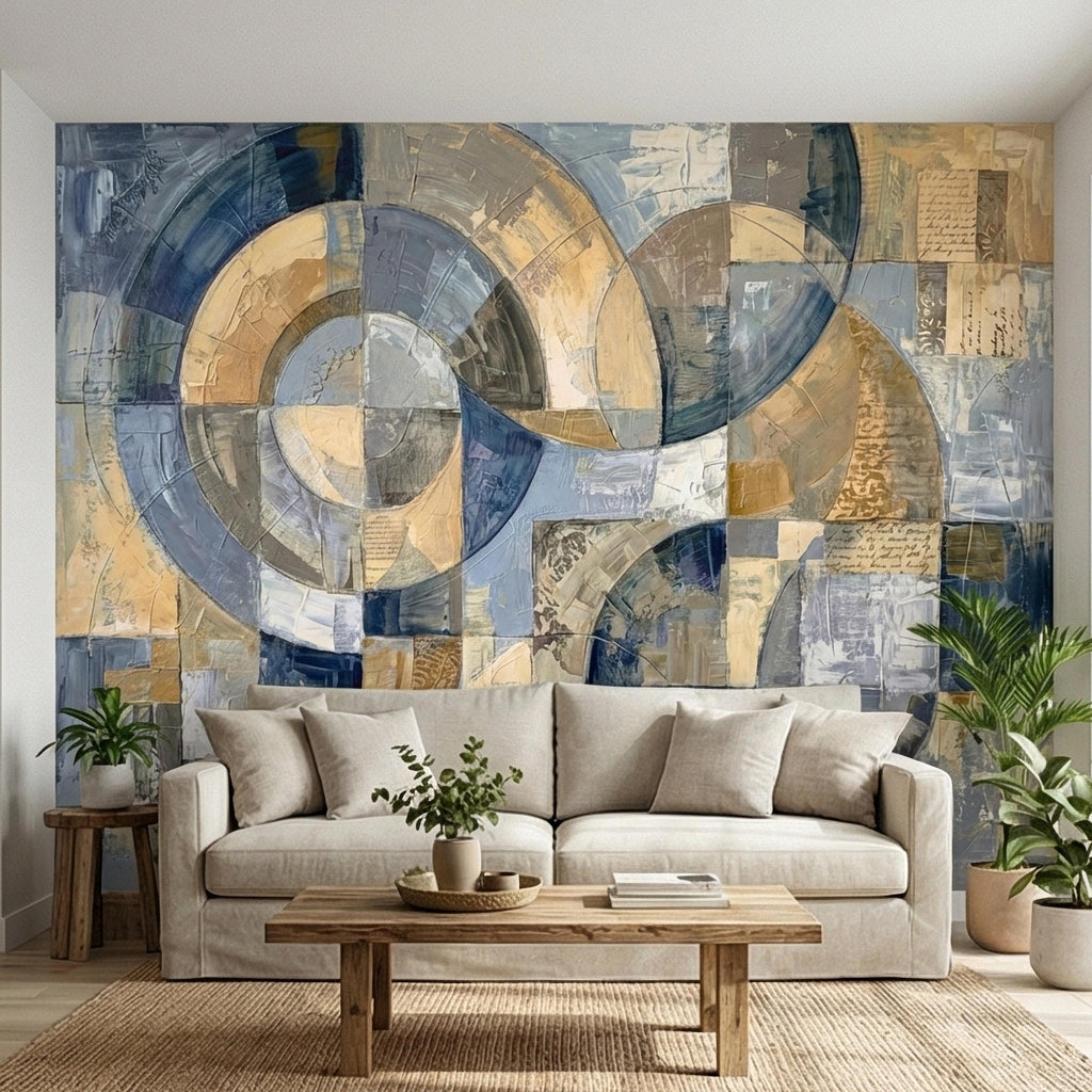 Vintage Abstract Circle Arch Collage Blue Beige Distressed Patina Peel and Stick Wall Mural. Geometric Ring Circles Retro Modern Wallpaper