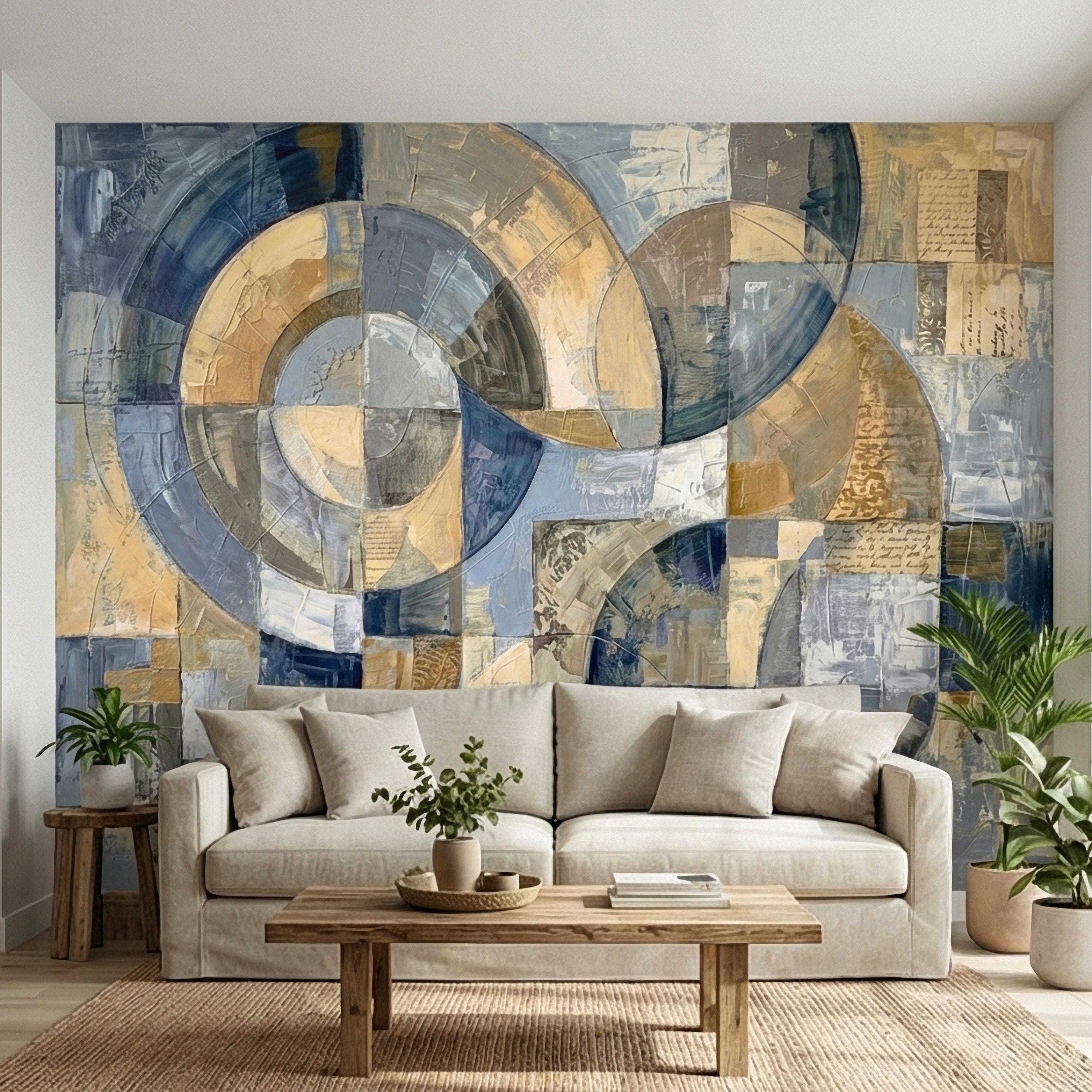 Vintage Abstract Circle Arch Collage Blue Beige Distressed Patina Peel and Stick Wall Mural. Geometric Ring Circles Retro Modern Wallpaper