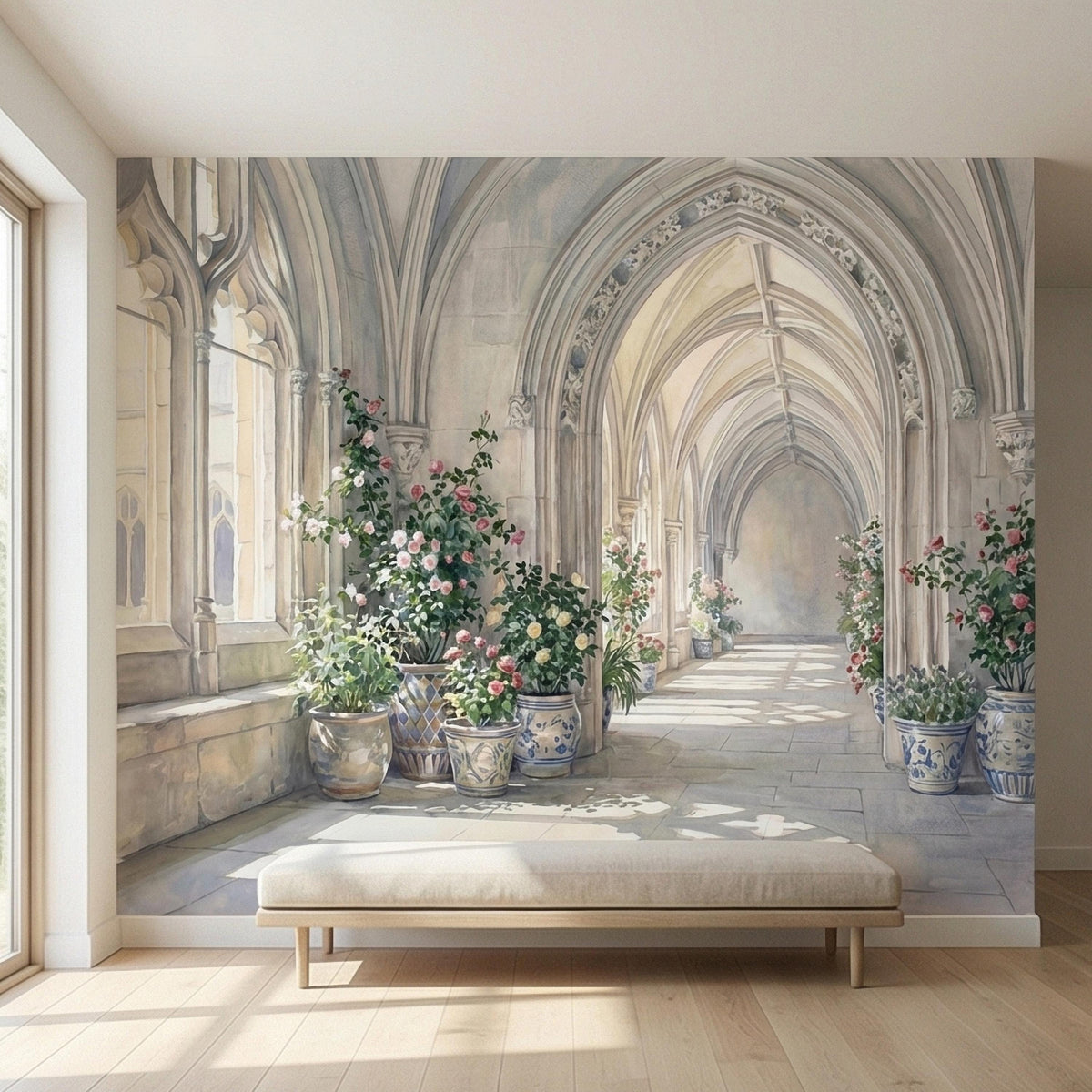 Vintage European Cloister Arches with Floral Pots Peel and Stick Wall Mural, Watercolor Old World Garden Hallway Scene Painting Wallpaper - The Fine Art Murals