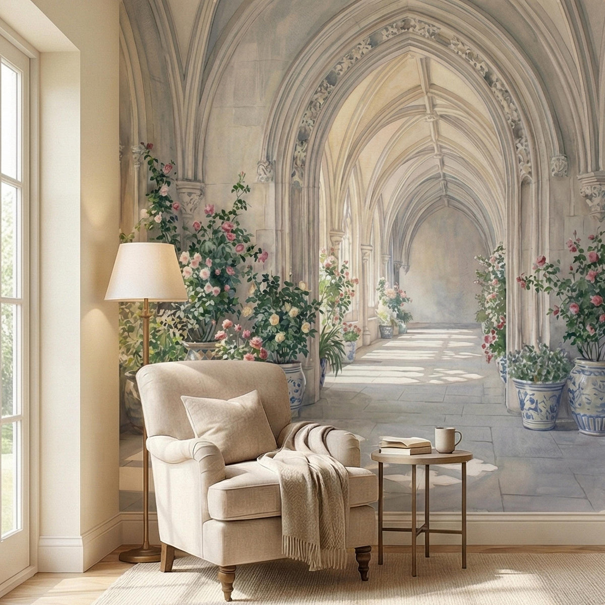 Vintage European Cloister Arches with Floral Pots Peel and Stick Wall Mural, Watercolor Old World Garden Hallway Scene Painting Wallpaper - The Fine Art Murals