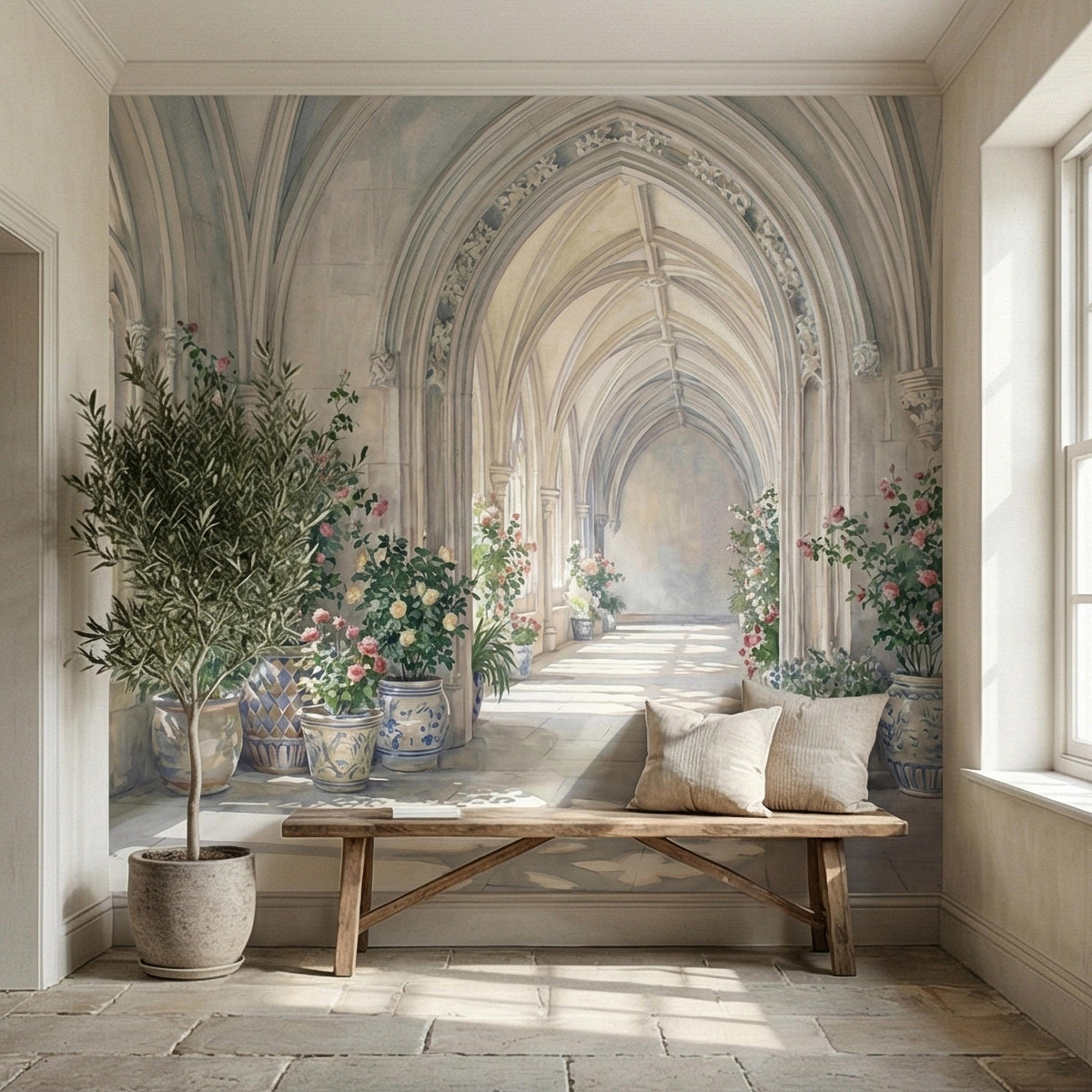 Vintage European Cloister Arches with Floral Pots Peel and Stick Wall Mural, Watercolor Old World Garden Hallway Scene Painting Wallpaper - The Fine Art Murals
