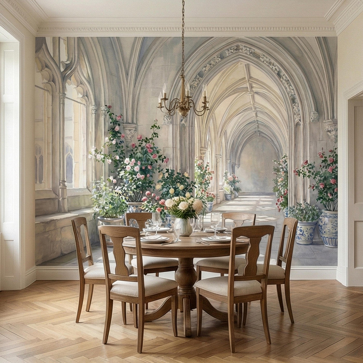 Vintage European Cloister Arches with Floral Pots Peel and Stick Wall Mural, Watercolor Old World Garden Hallway Scene Painting Wallpaper - The Fine Art Murals