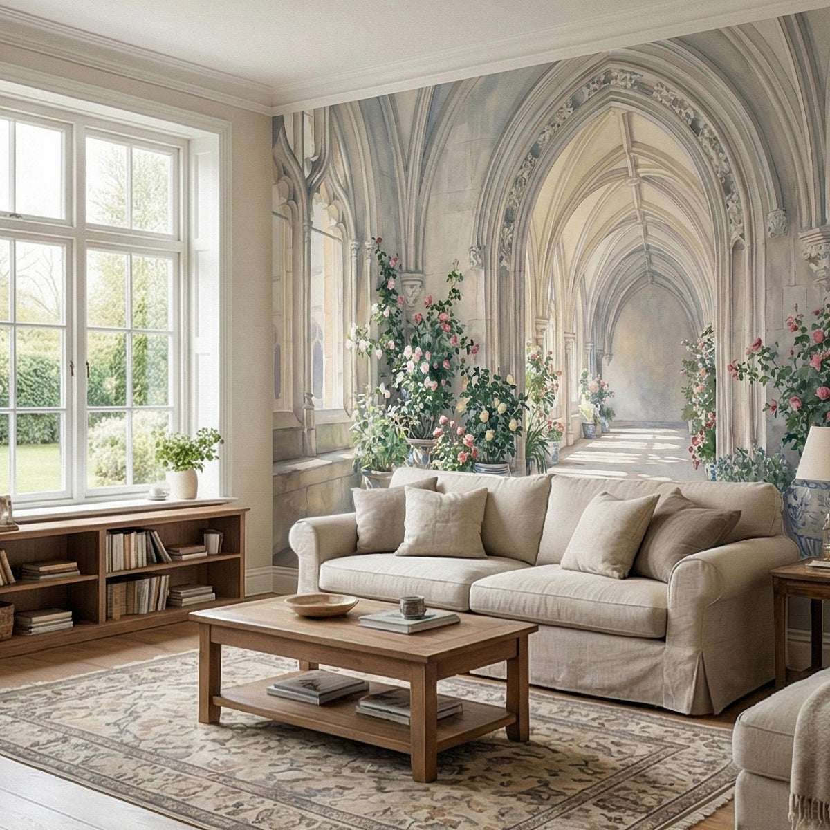 Vintage European Cloister Arches with Floral Pots Peel and Stick Wall Mural, Watercolor Old World Garden Hallway Scene Painting Wallpaper - The Fine Art Murals