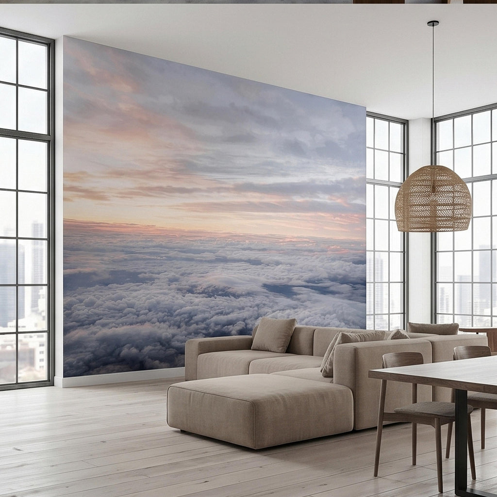 Sunrise Above the Clouds Peel and Stick Wall Mural, Pastel Sky Cloudscape Aerial Landscape, Soft Dreamy Minimal Wallpaper