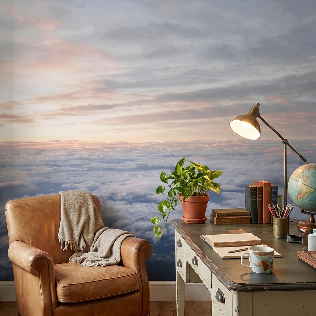 Sunrise Above the Clouds Peel and Stick Wall Mural, Pastel Sky Cloudscape Aerial Landscape, Soft Dreamy Minimal Wallpaper