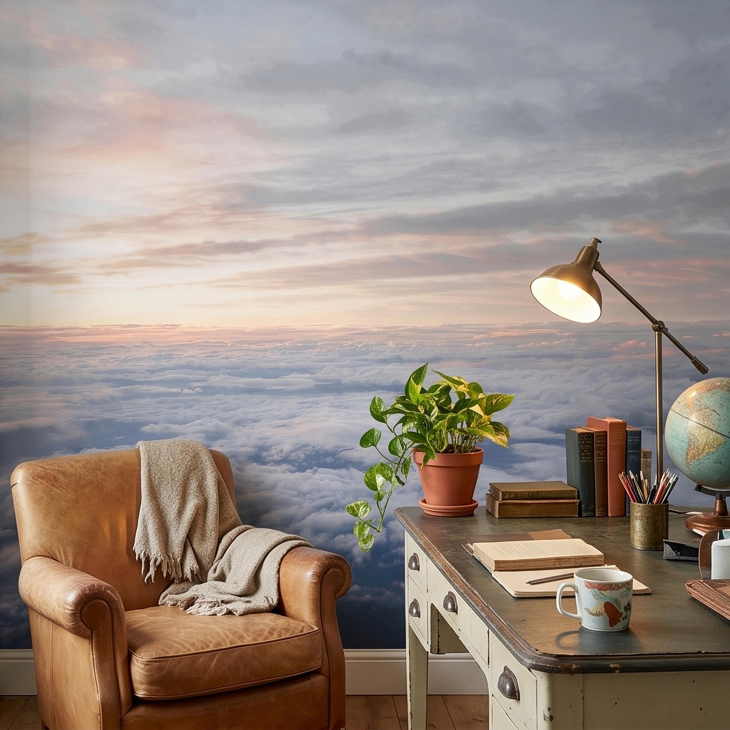 Sunrise Above the Clouds Peel and Stick Wall Mural, Pastel Sky Cloudscape Aerial Landscape, Soft Dreamy Minimal Wallpaper