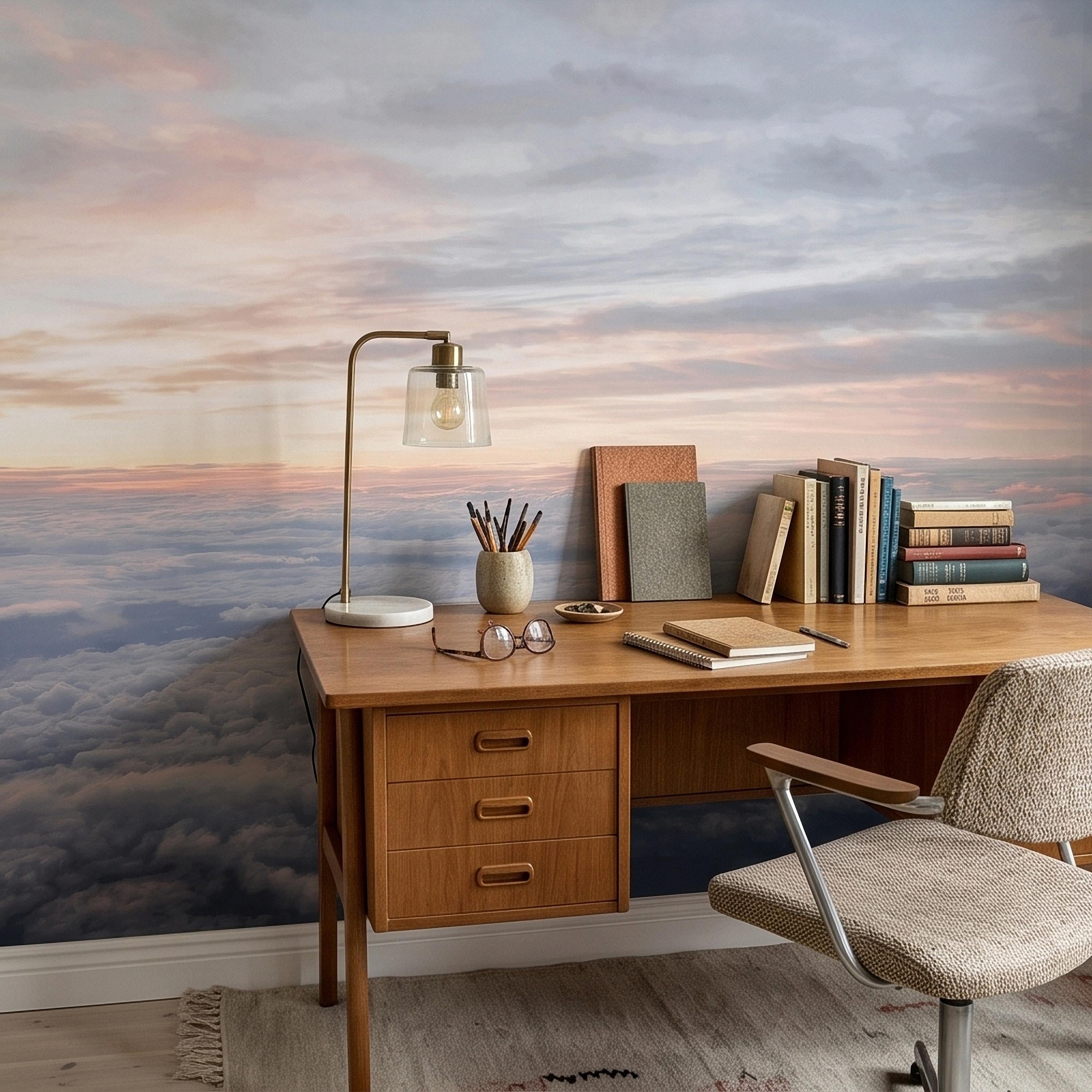 Sunrise Above the Clouds Peel and Stick Wall Mural, Pastel Sky Cloudscape Aerial Landscape, Soft Dreamy Minimal Wallpaper