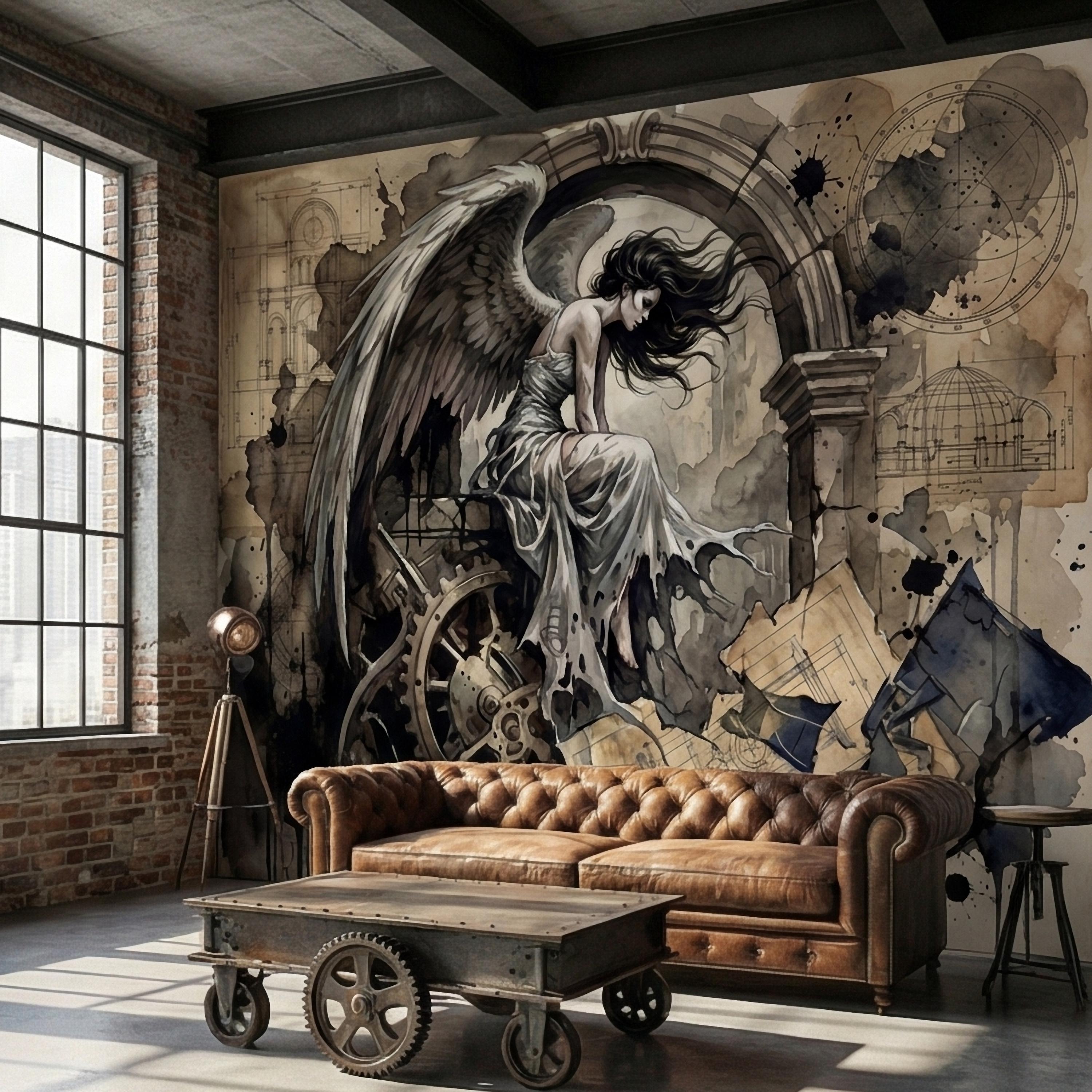 Vintage Winged Angel Architectural Blueprint Cathedral Collage Peel and Stick Wall Mural Sepia Gothic Surreal Antique Engraving Wallpaper
