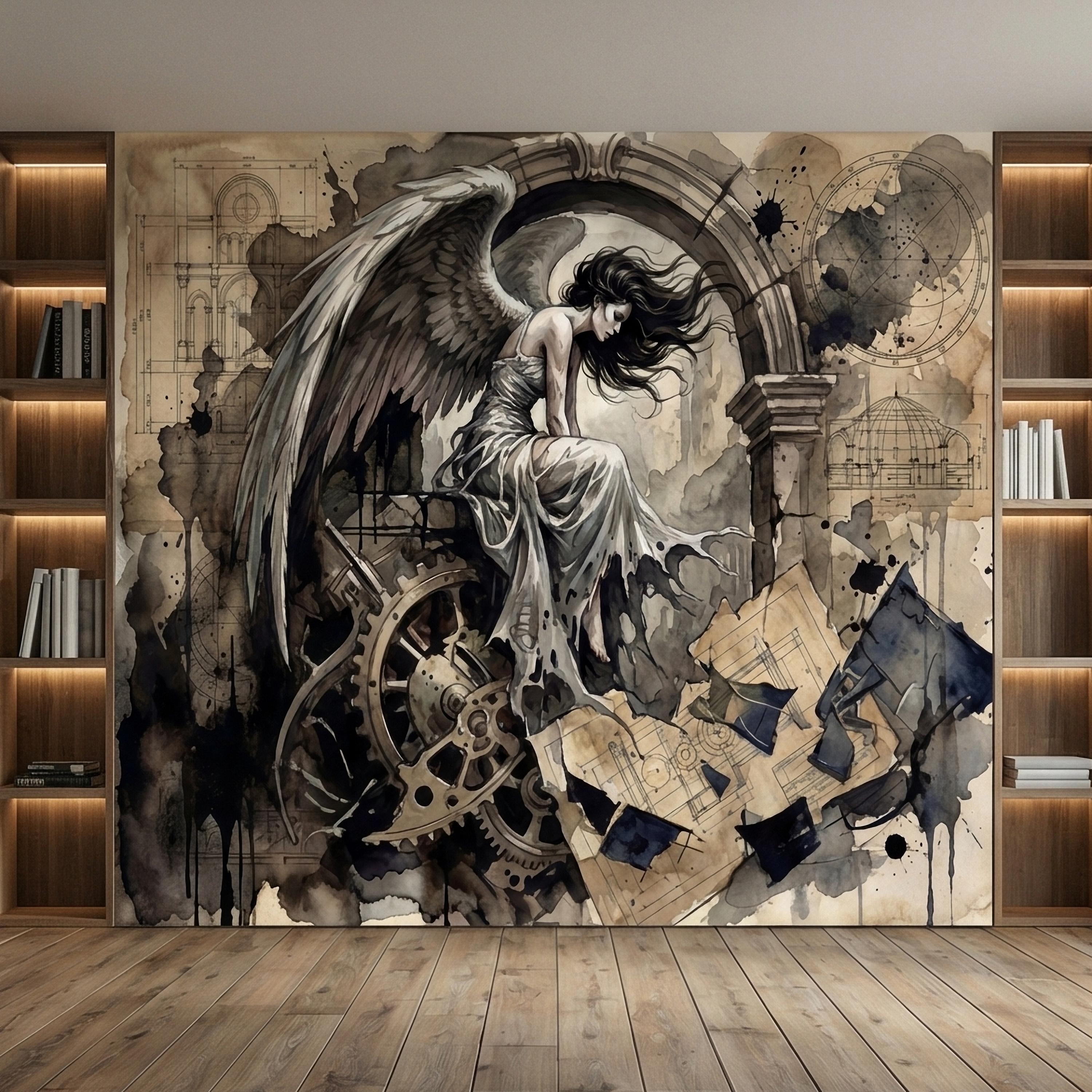 Vintage Winged Angel Architectural Blueprint Cathedral Collage Peel and Stick Wall Mural Sepia Gothic Surreal Antique Engraving Wallpaper