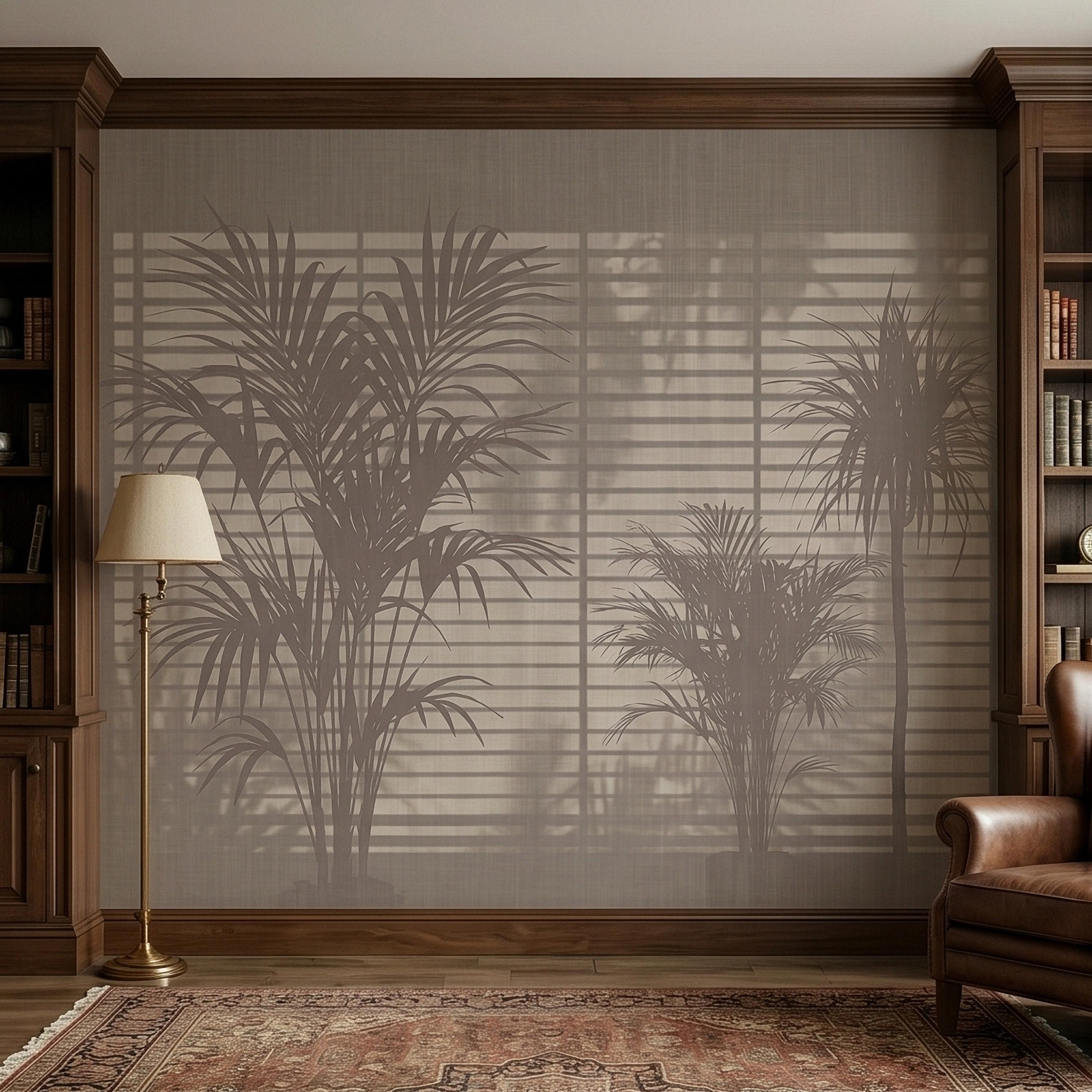 Palm Tree Shadow Peel and Stick Wall Mural, Neutral Beige Tropical Silhouette Window Blinds Light, Minimal Modern Boho Linen Wallpaper