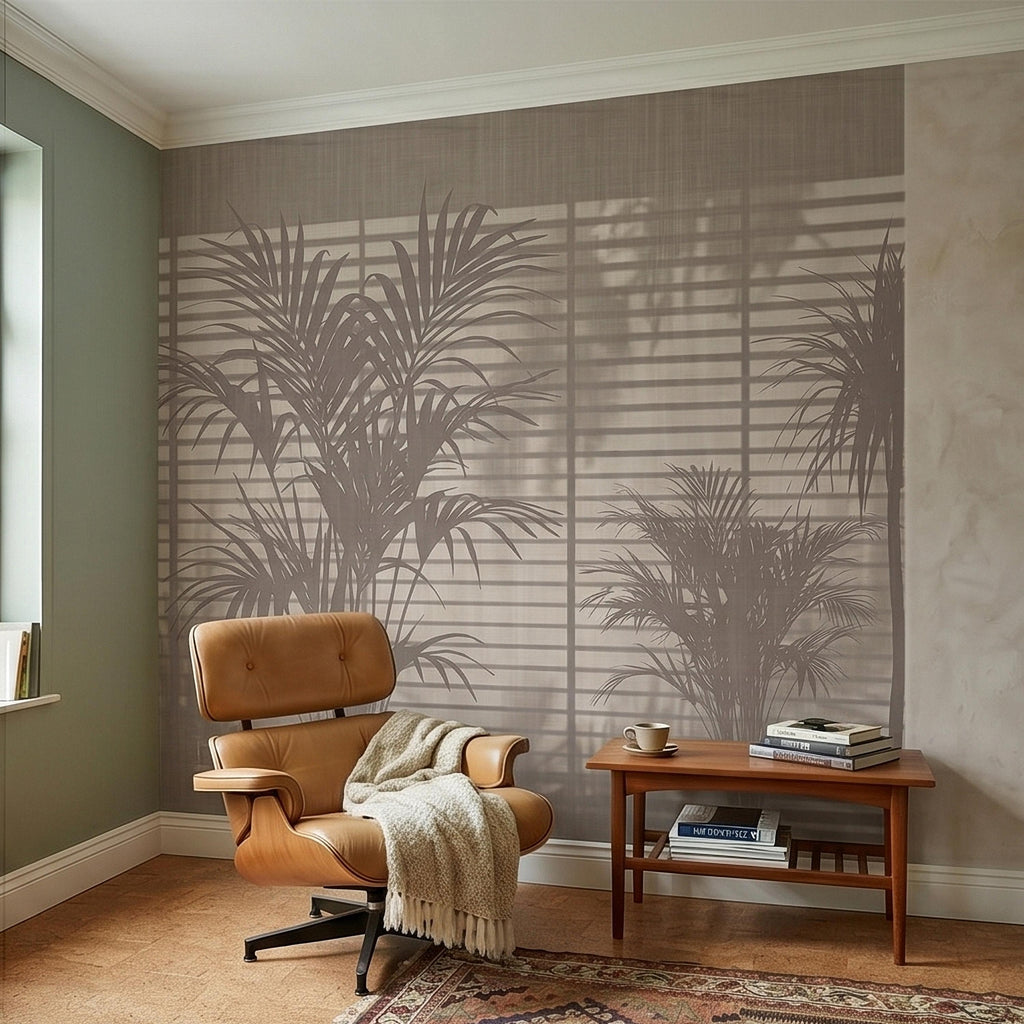Palm Tree Shadow Peel and Stick Wall Mural, Neutral Beige Tropical Silhouette Window Blinds Light, Minimal Modern Boho Linen Wallpaper