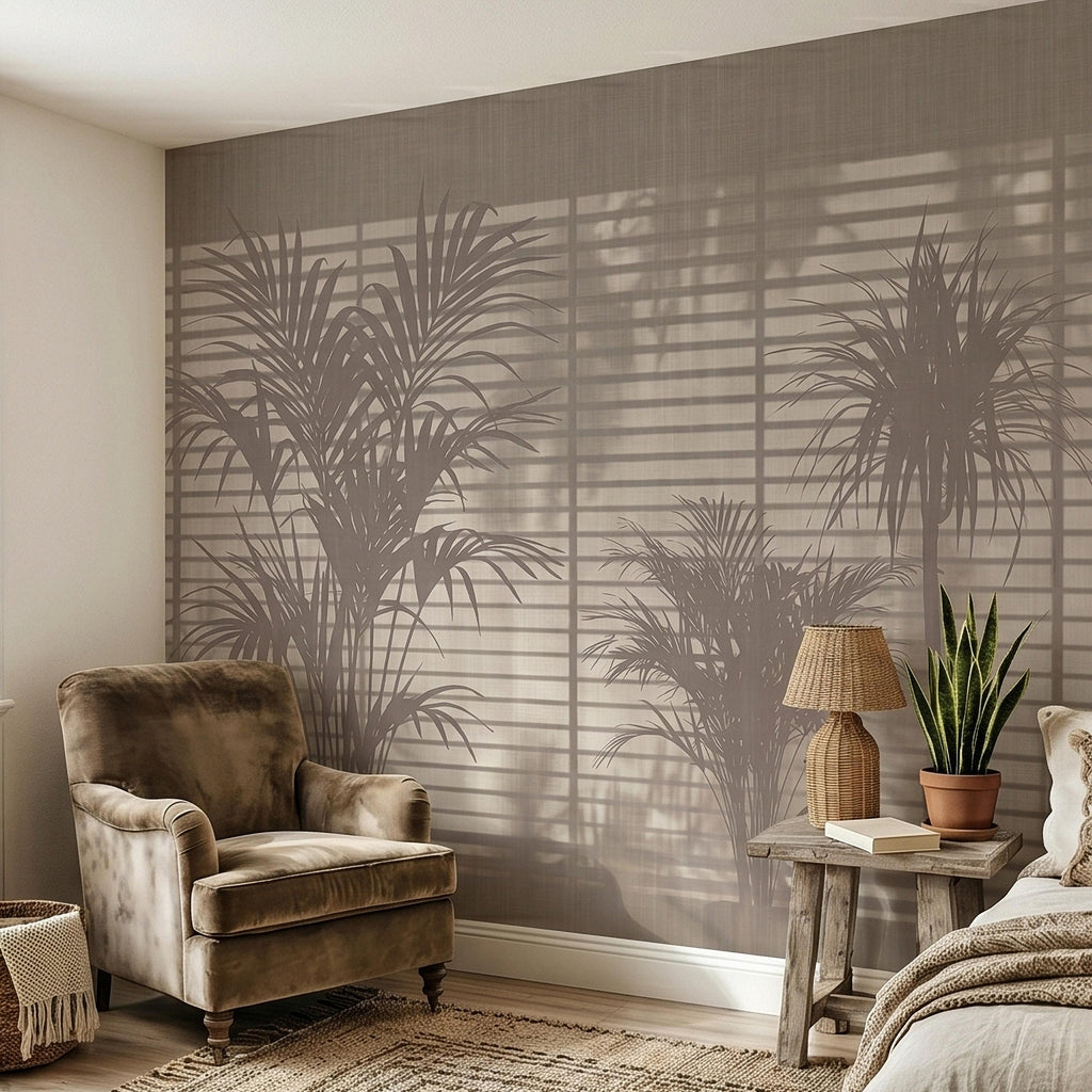 Palm Tree Shadow Peel and Stick Wall Mural, Neutral Beige Tropical Silhouette Window Blinds Light, Minimal Modern Boho Linen Wallpaper