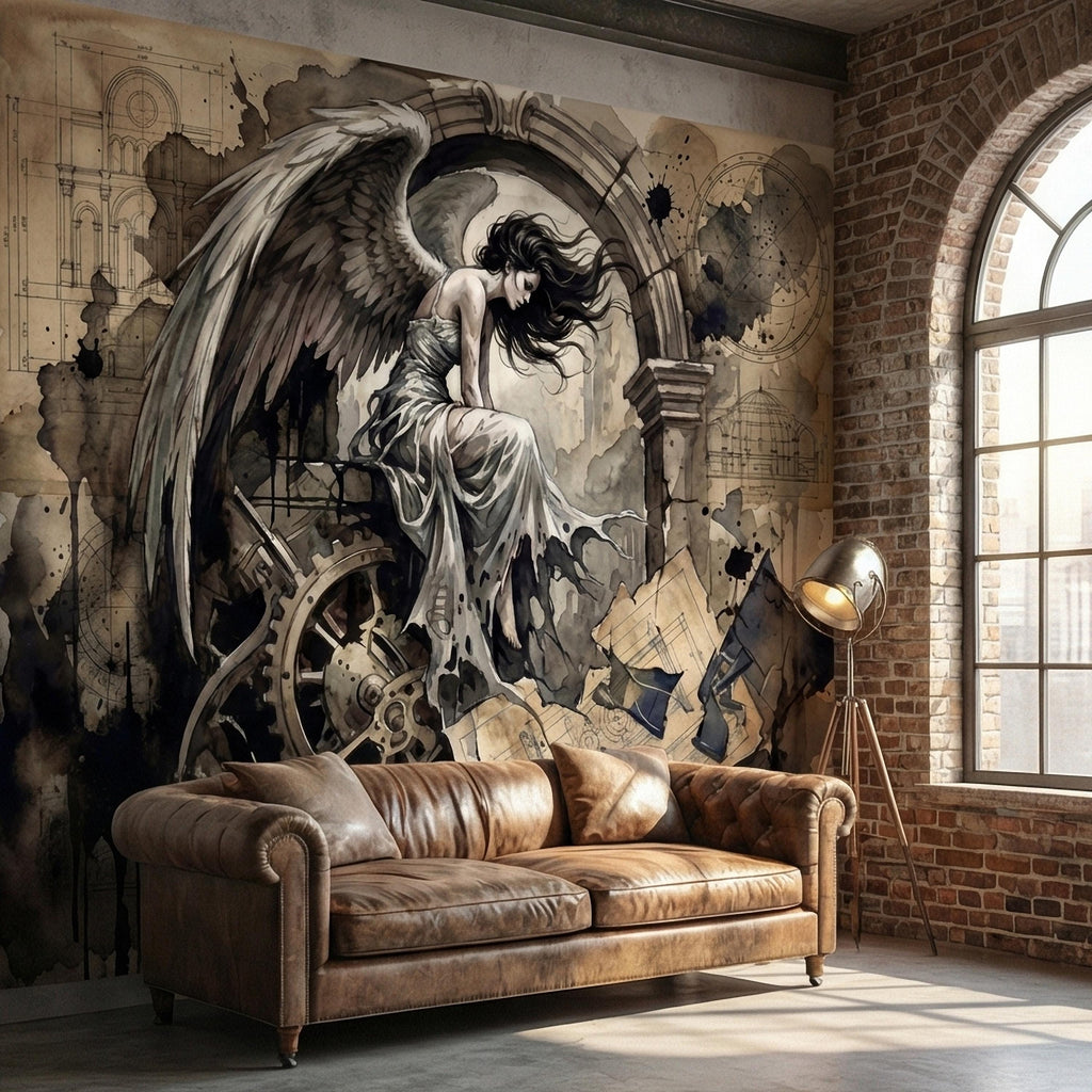 Vintage Winged Angel Architectural Blueprint Cathedral Collage Peel and Stick Wall Mural Sepia Gothic Surreal Antique Engraving Wallpaper
