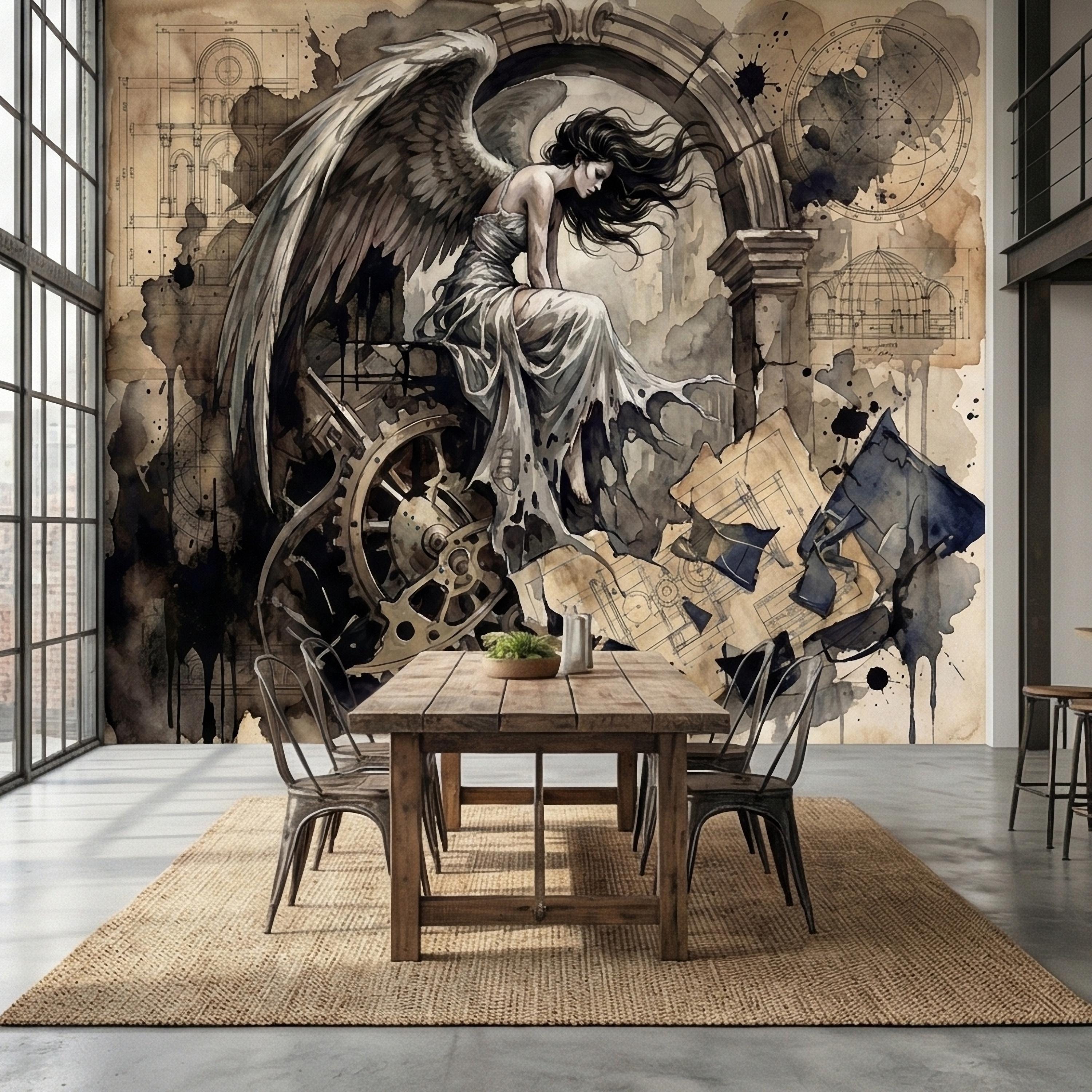 Vintage Winged Angel Architectural Blueprint Cathedral Collage Peel and Stick Wall Mural Sepia Gothic Surreal Antique Engraving Wallpaper