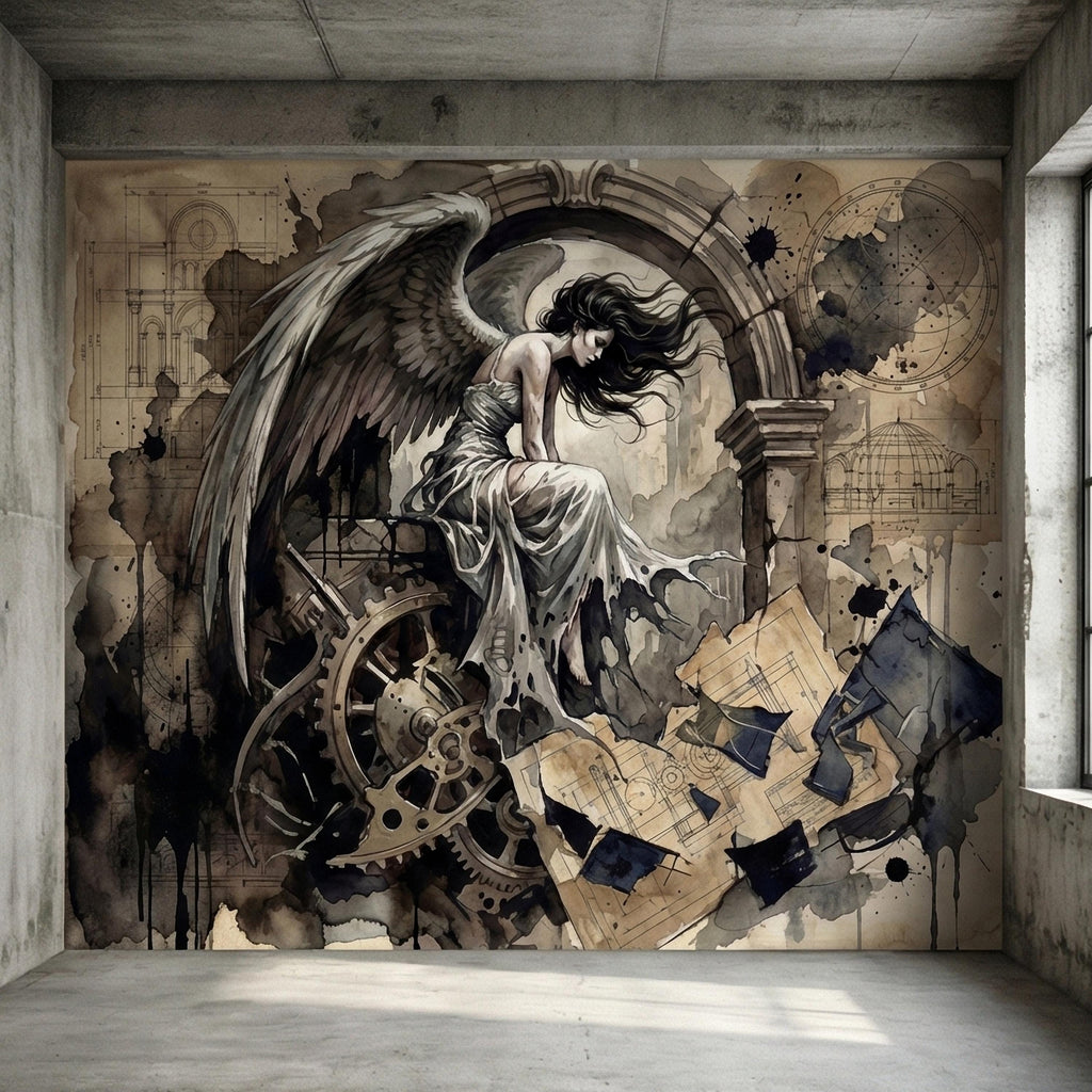 Vintage Winged Angel Architectural Blueprint Cathedral Collage Peel and Stick Wall Mural Sepia Gothic Surreal Antique Engraving Wallpaper