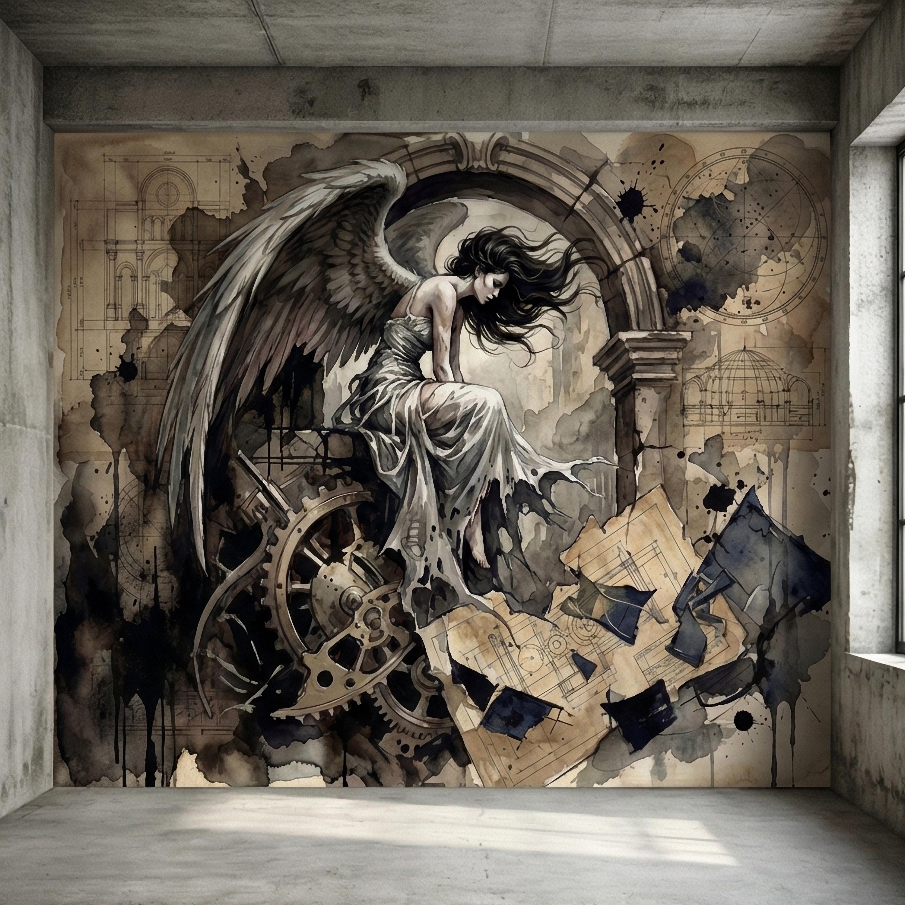 Vintage Winged Angel Architectural Blueprint Cathedral Collage Peel and Stick Wall Mural Sepia Gothic Surreal Antique Engraving Wallpaper