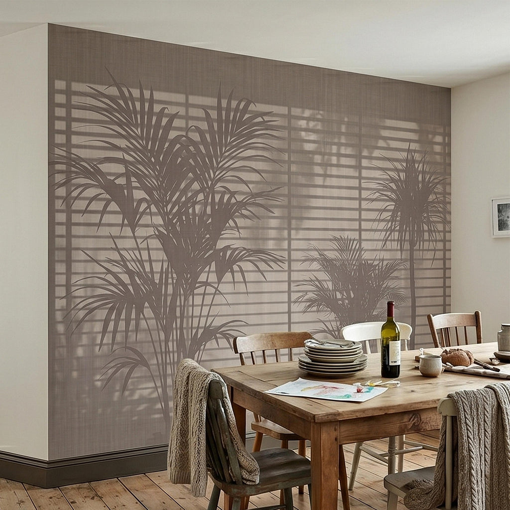 Palm Tree Shadow Peel and Stick Wall Mural, Neutral Beige Tropical Silhouette Window Blinds Light, Minimal Modern Boho Linen Wallpaper