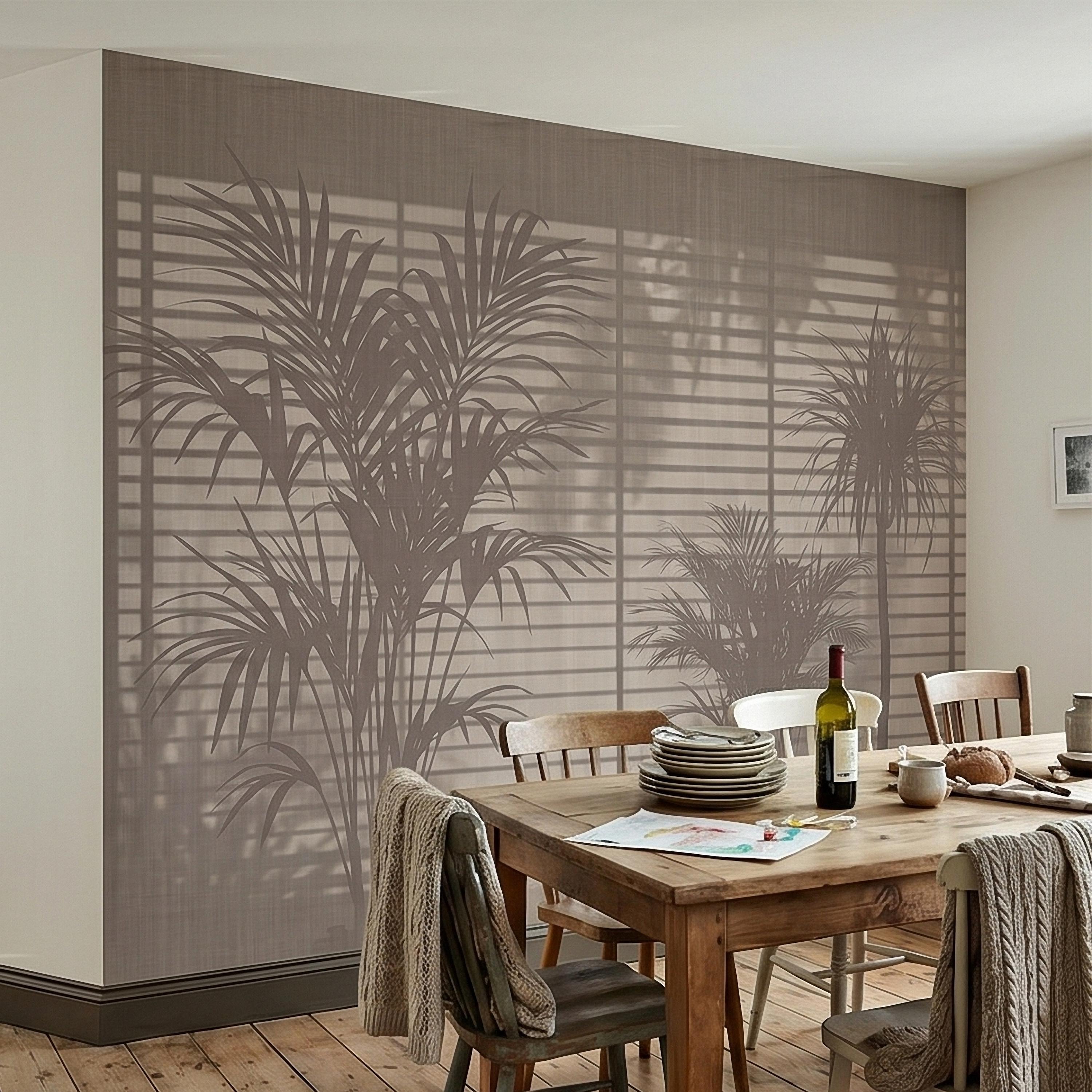 Palm Tree Shadow Peel and Stick Wall Mural, Neutral Beige Tropical Silhouette Window Blinds Light, Minimal Modern Boho Linen Wallpaper