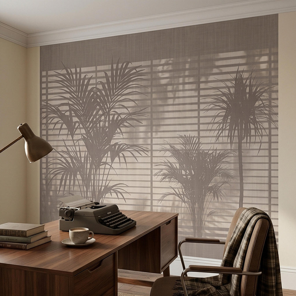 Palm Tree Shadow Peel and Stick Wall Mural, Neutral Beige Tropical Silhouette Window Blinds Light, Minimal Modern Boho Linen Wallpaper