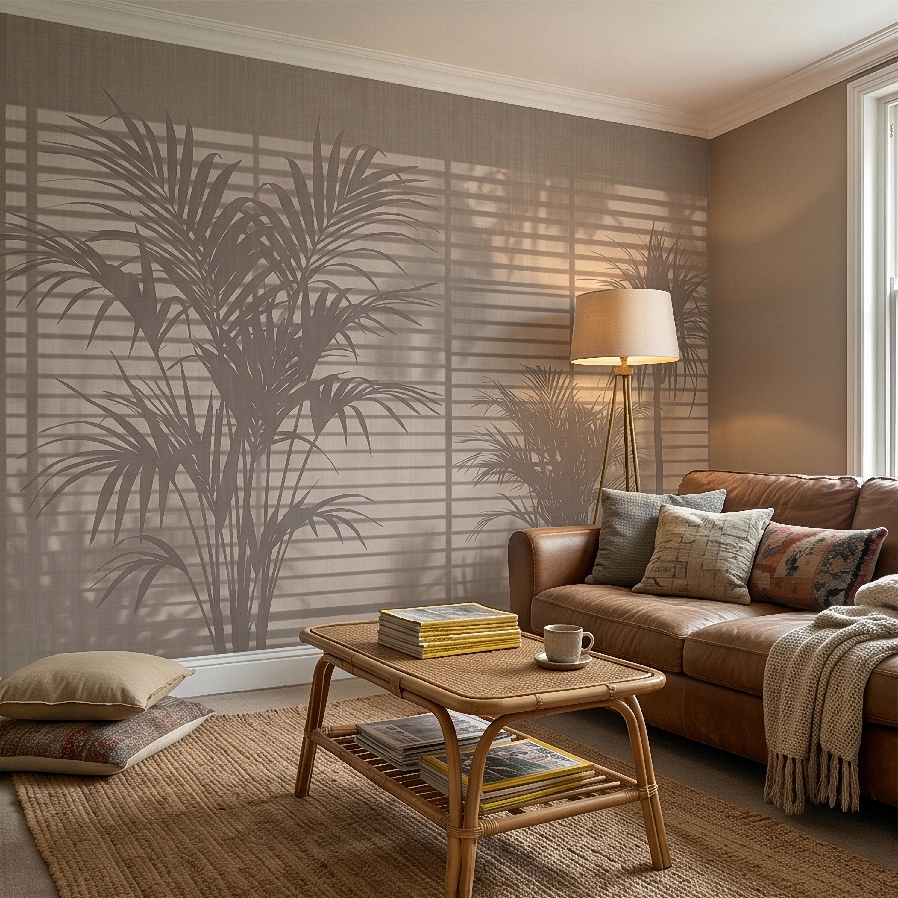 Palm Tree Shadow Peel and Stick Wall Mural, Neutral Beige Tropical Silhouette Window Blinds Light, Minimal Modern Boho Linen Wallpaper