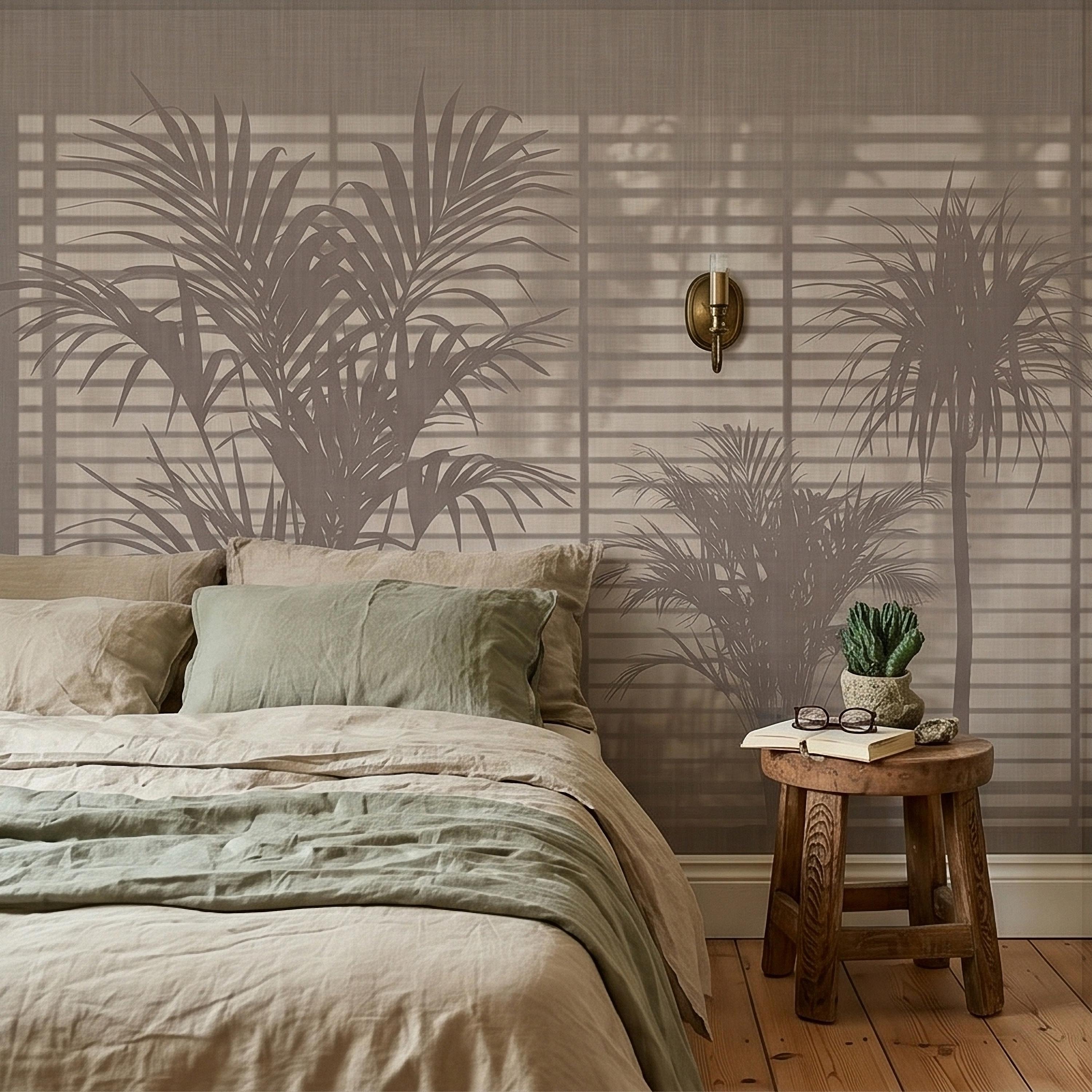 Palm Tree Shadow Peel and Stick Wall Mural, Neutral Beige Tropical Silhouette Window Blinds Light, Minimal Modern Boho Linen Wallpaper