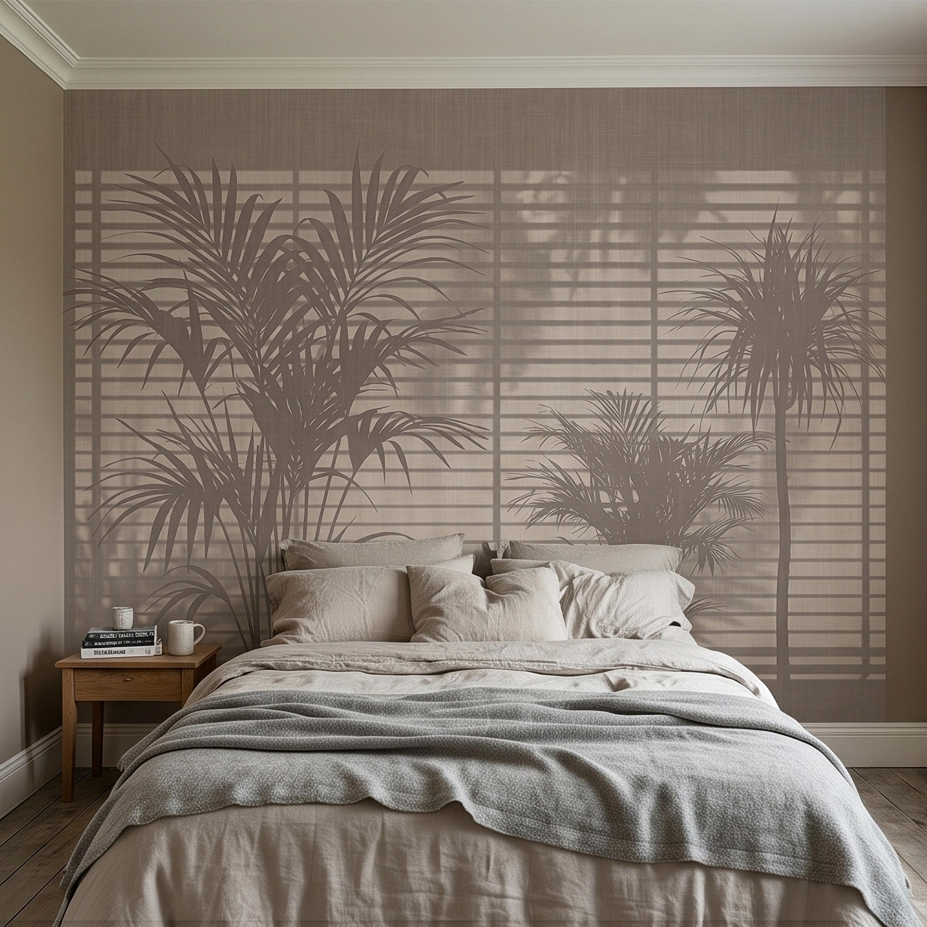 Palm Tree Shadow Peel and Stick Wall Mural, Neutral Beige Tropical Silhouette Window Blinds Light, Minimal Modern Boho Linen Wallpaper