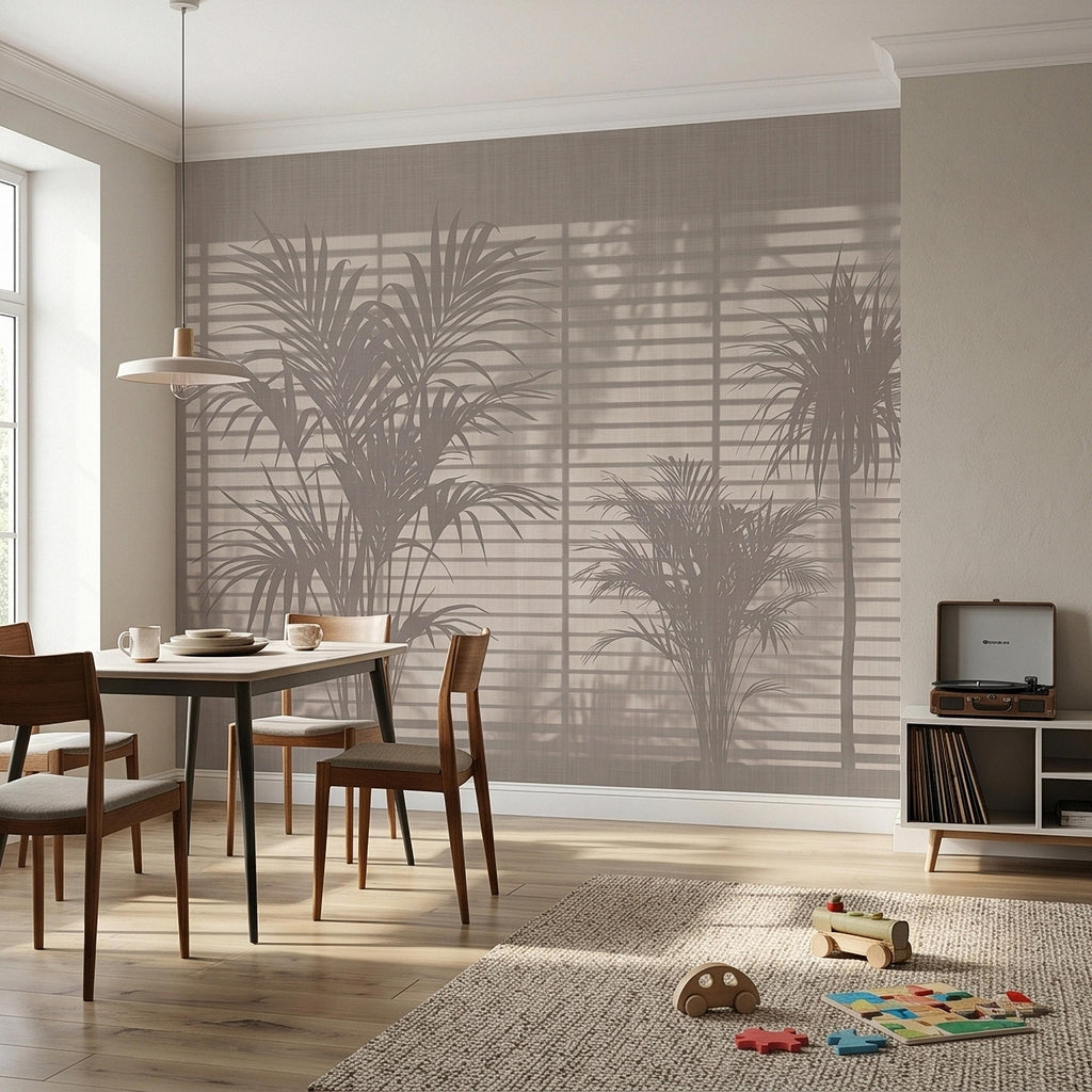 Palm Tree Shadow Peel and Stick Wall Mural, Neutral Beige Tropical Silhouette Window Blinds Light, Minimal Modern Boho Linen Wallpaper