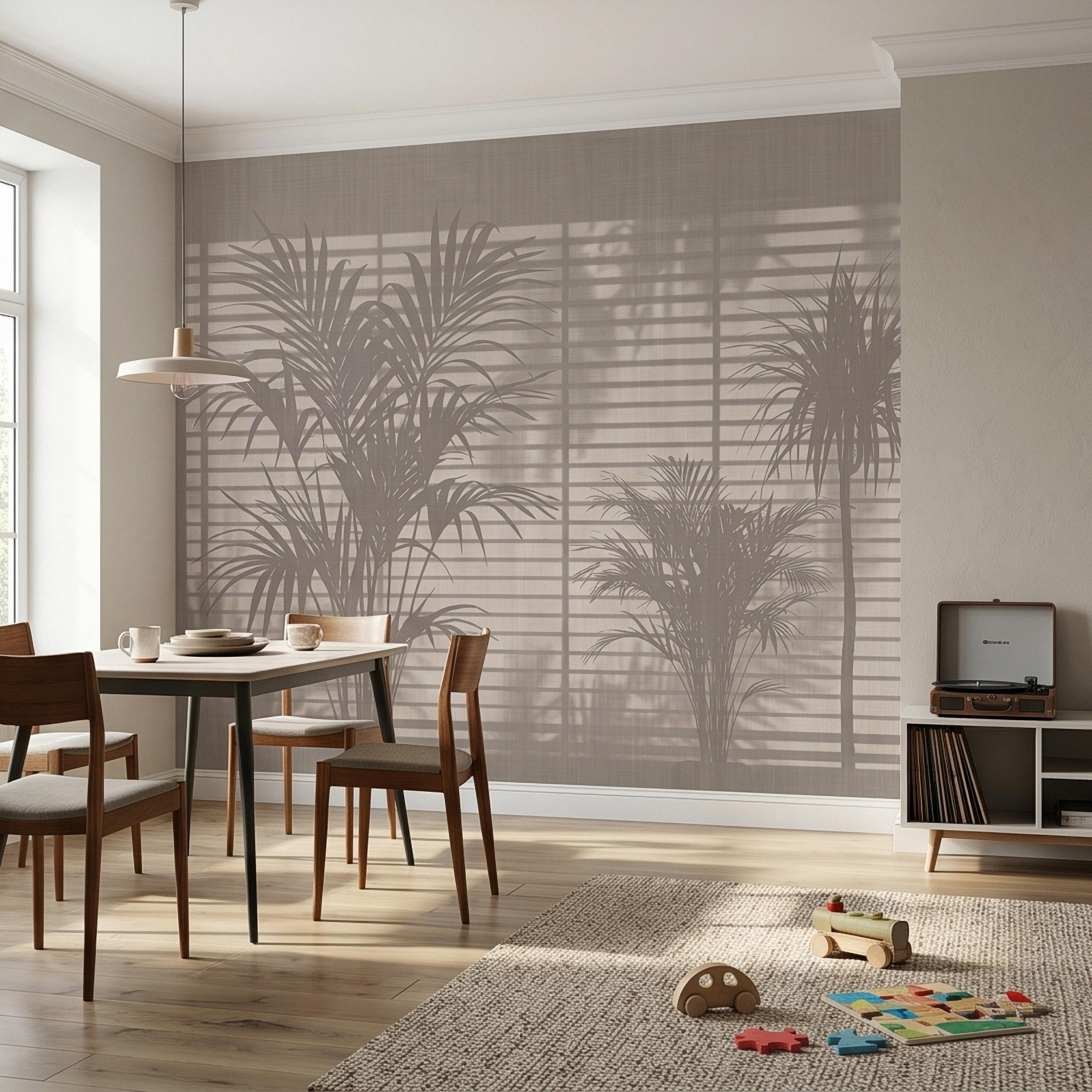 Palm Tree Shadow Peel and Stick Wall Mural, Neutral Beige Tropical Silhouette Window Blinds Light, Minimal Modern Boho Linen Wallpaper